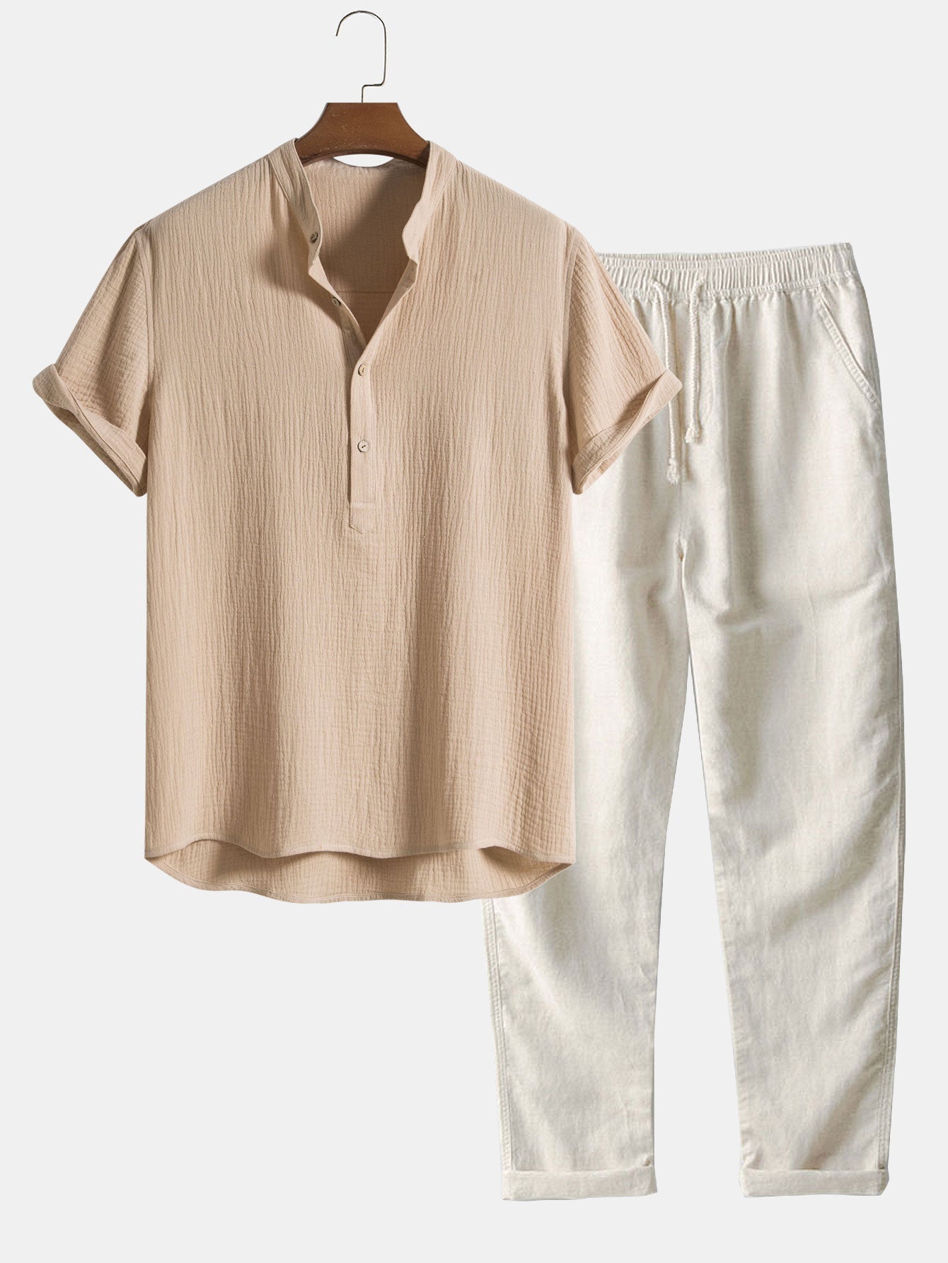 Wrinkled Cotton Half Open Placket Henley Collar Shirt & Straight Leg Linen Pants