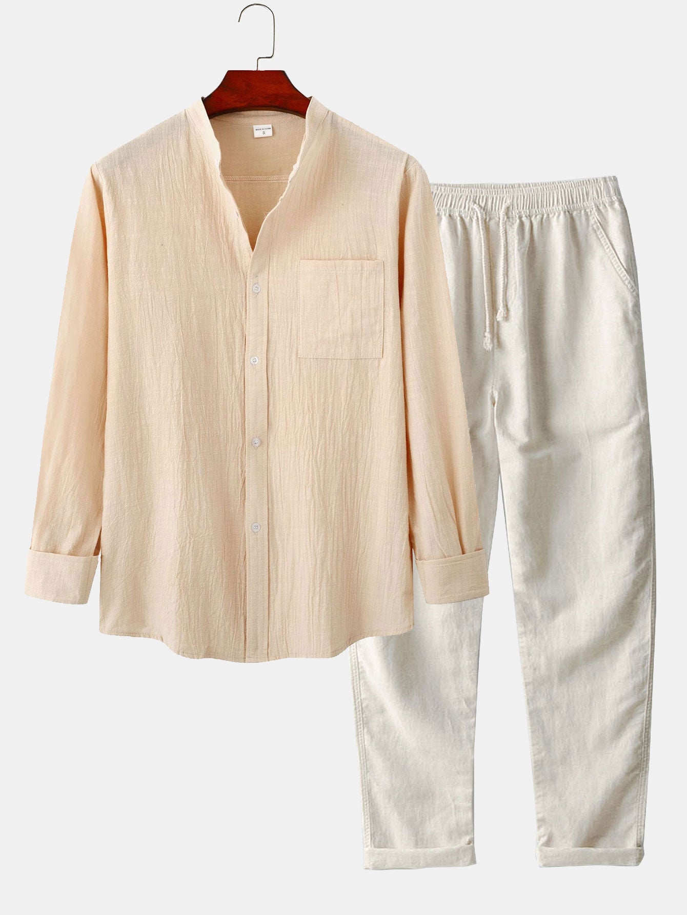 Long Sleeved Linen Look Stand Collar Shirt & Straight Leg Linen Pants