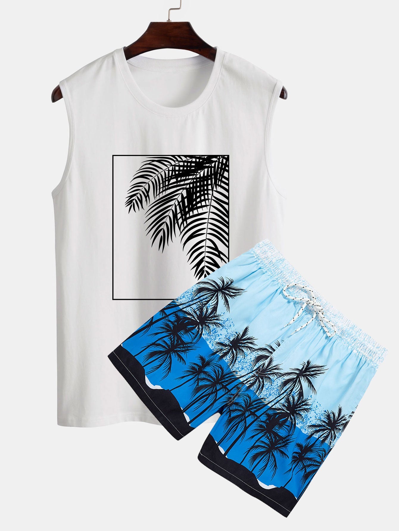 Palm Leaf Print Tank Top & Tropical Print Swim Shorts