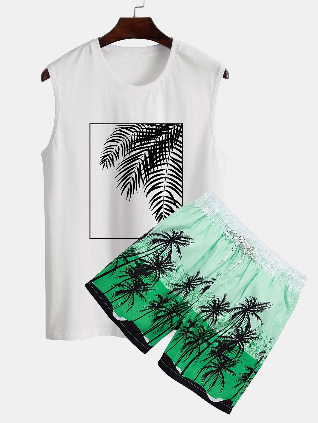 Palm Leaf Print Tank Top & Tropical Print Swim Shorts