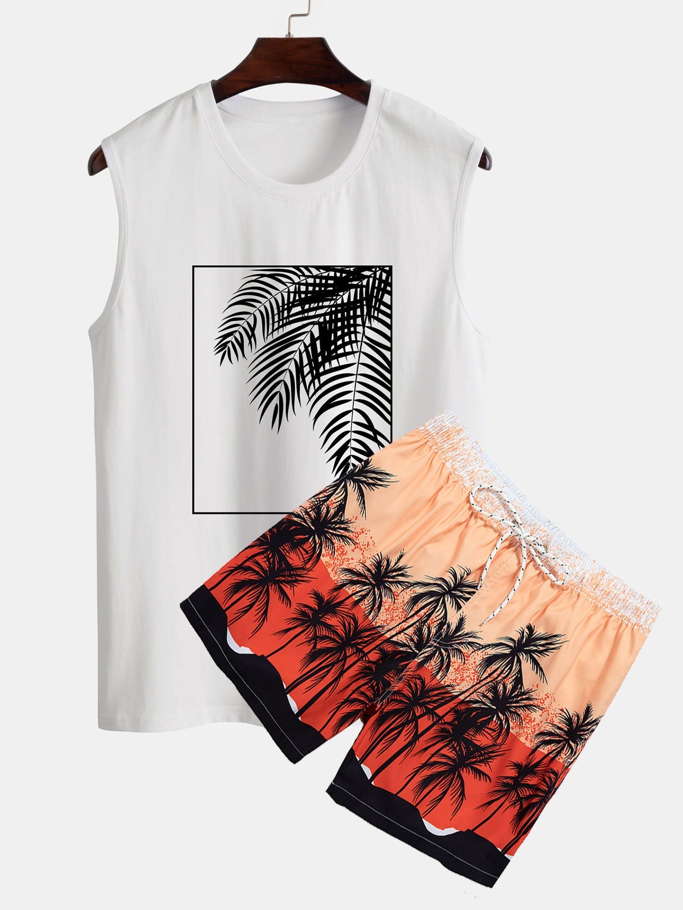 Palm Leaf Print Tank Top & Tropical Print Swim Shorts