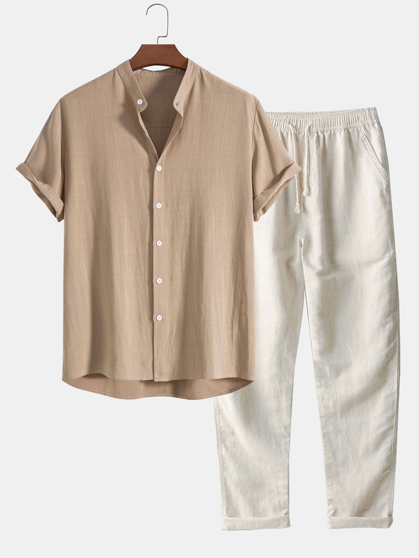 Linen And Rayon Blend Stand Collar Shirt & Straight Leg Linen Pants