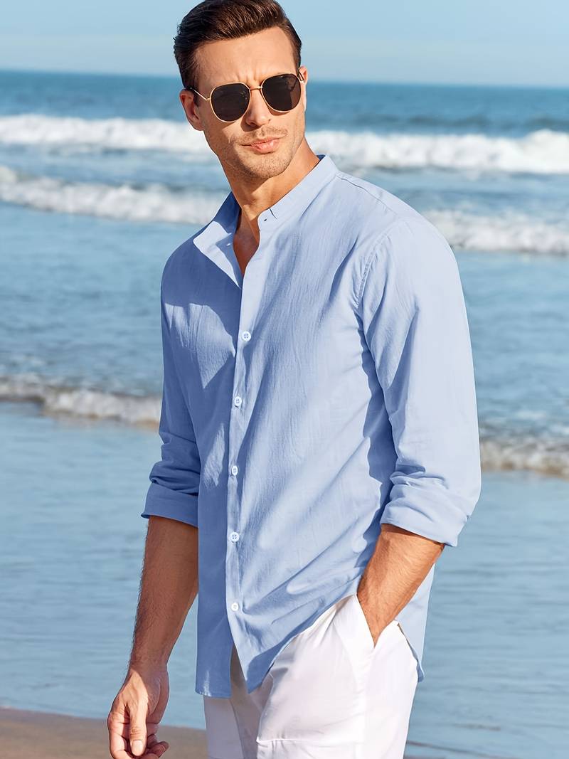 LINEN SHORT COLLAR SHIRT - BLEU