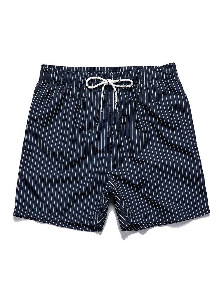 Cotton Blend Striped Cuban Shirt & Striped Print Swim Shorts