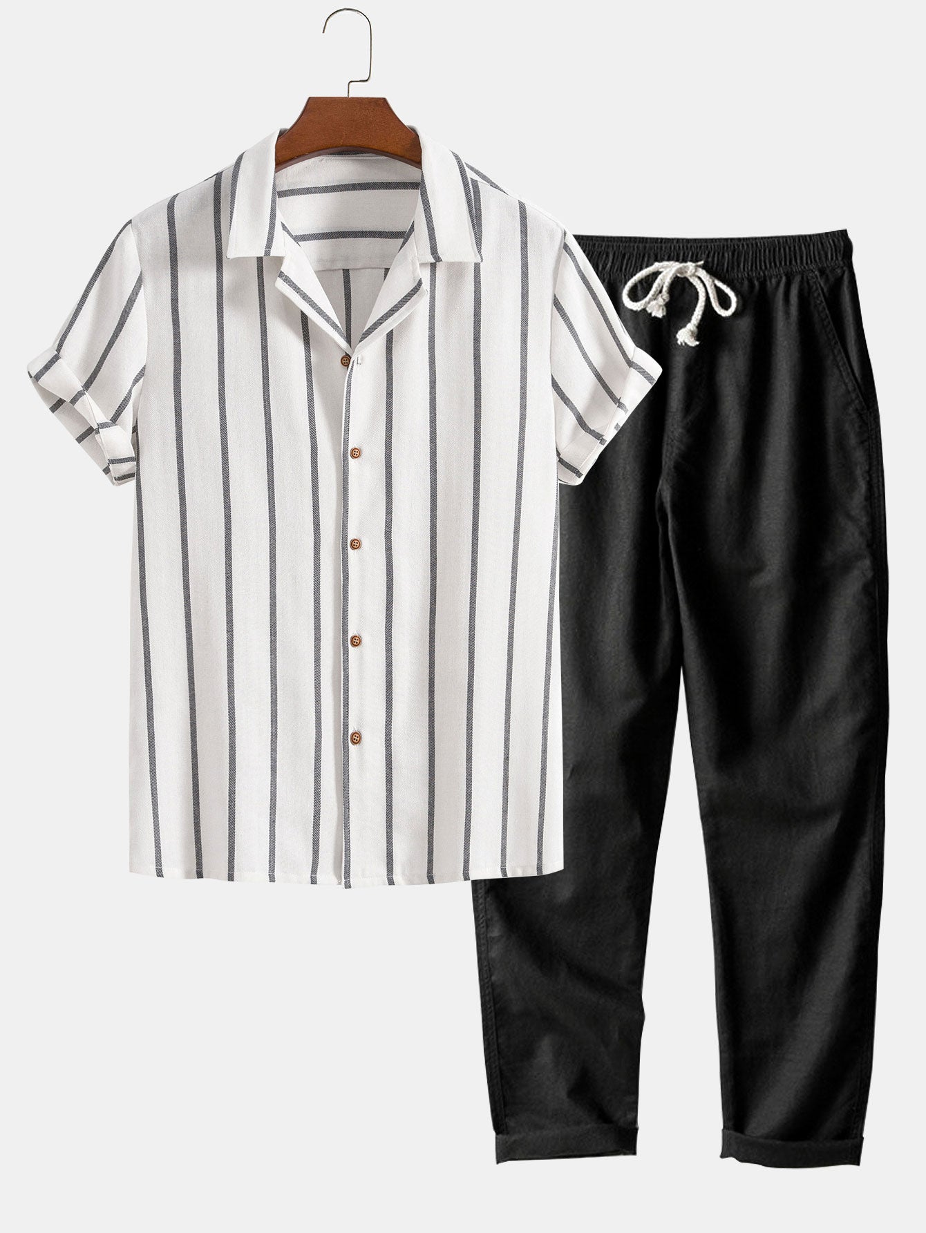 Cotton Blend Striped Cuban Shirt & Straight Leg Linen Pants