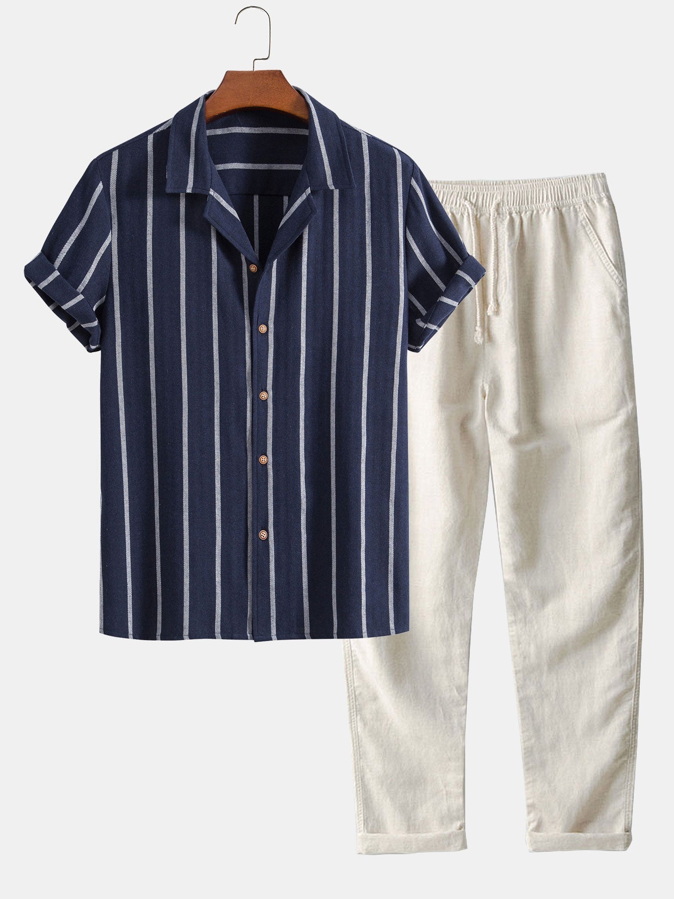 Cotton Blend Striped Cuban Shirt & Straight Leg Linen Pants