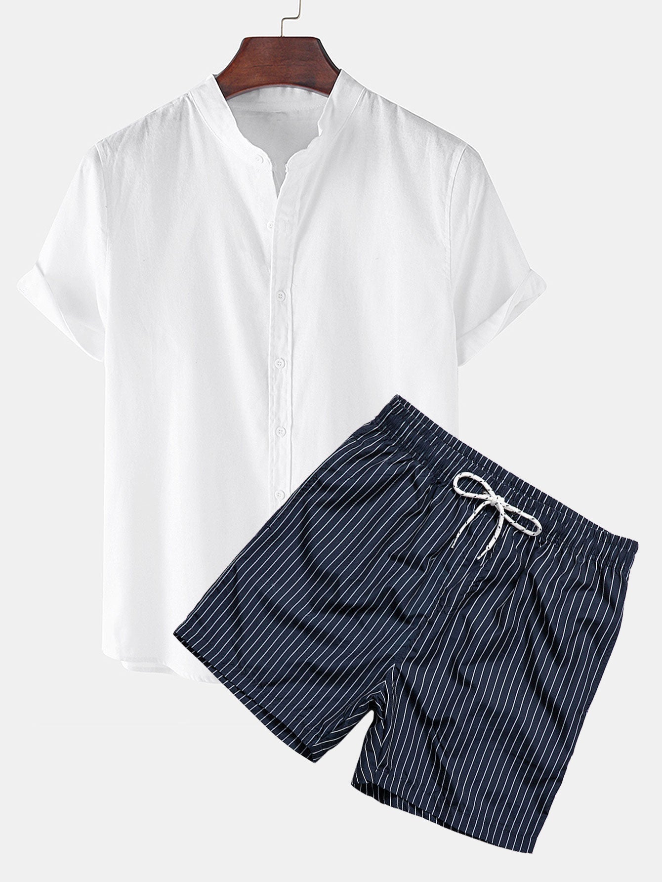 Linen Look Short Sleeve Shirt & Striped Print Swim Shorts