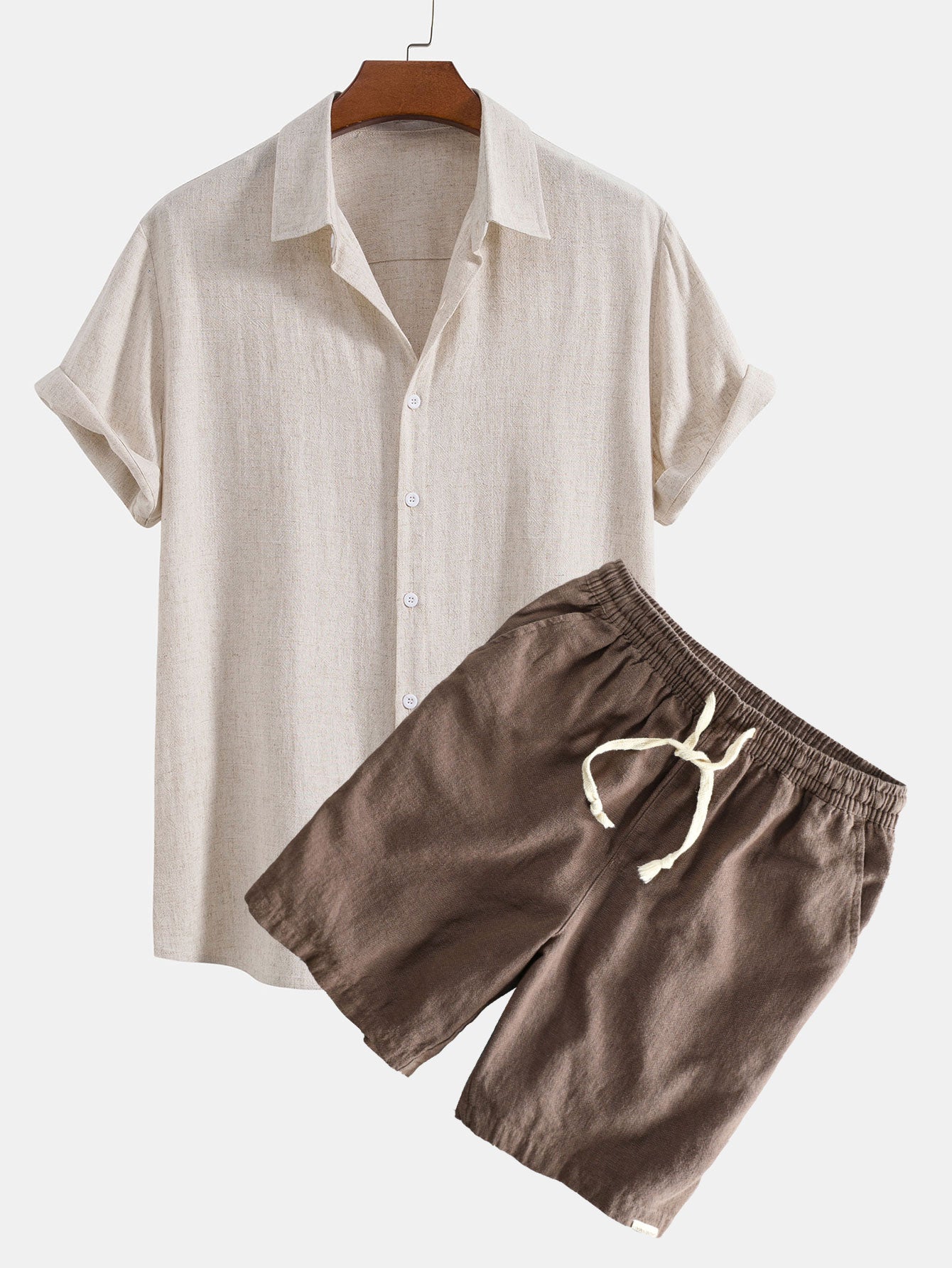 Linen Rayon Blend Button Up Shirt & Linen Cotton Blend Drawstring Shorts