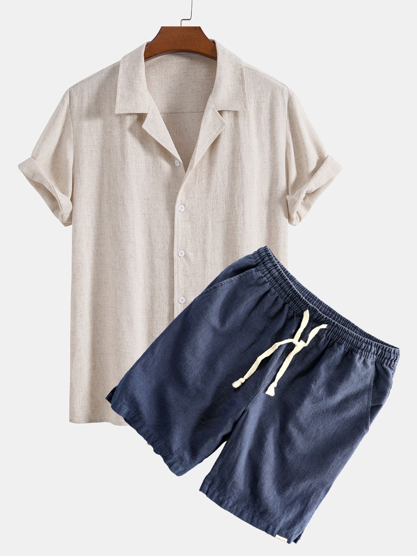 Linen Rayon Blend Cuban Shirt & Linen Cotton Blend Drawstring Shorts