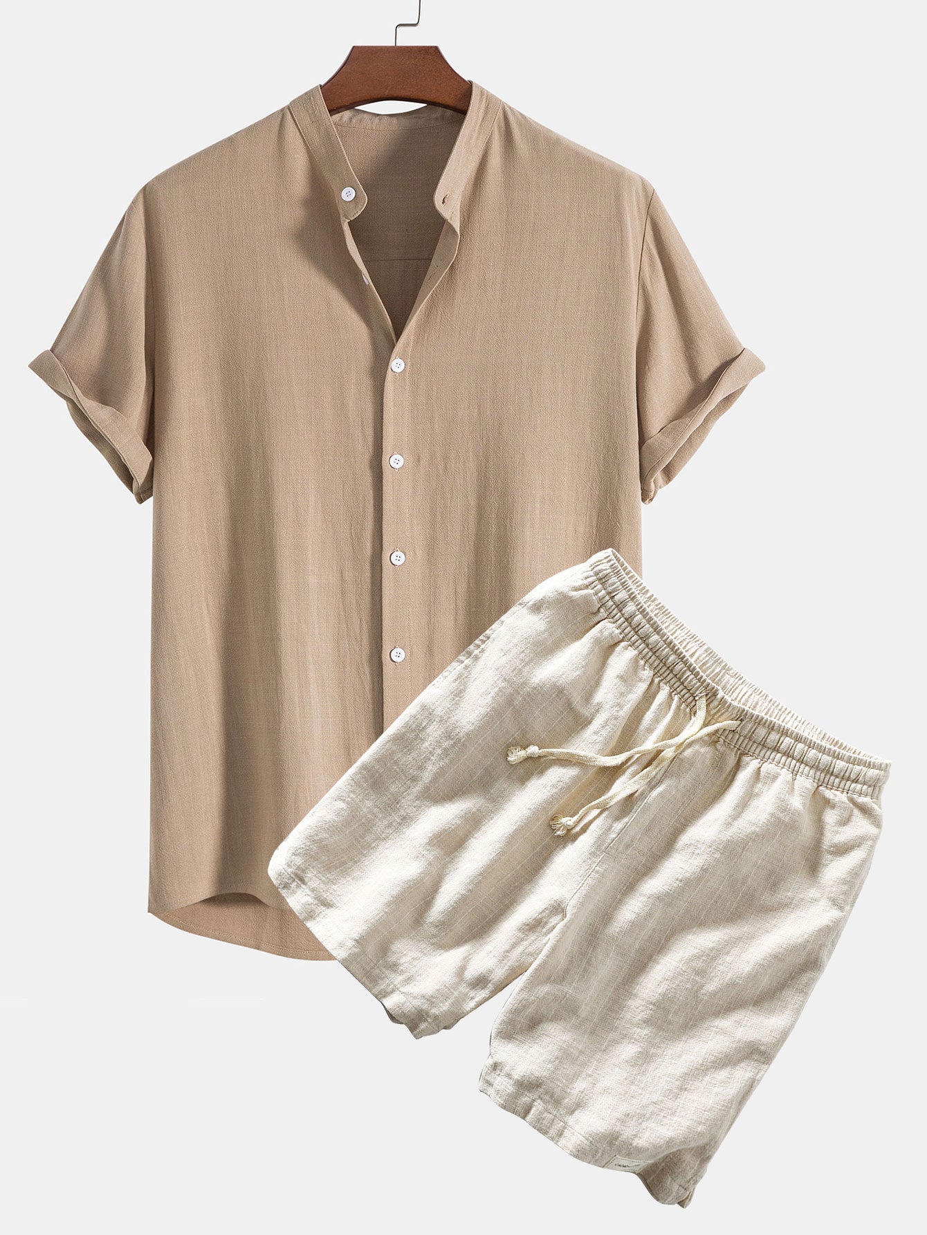 Linen And Rayon Blend Stand Collar Shirt & Linen Cotton Blend Drawstring Striped Shorts