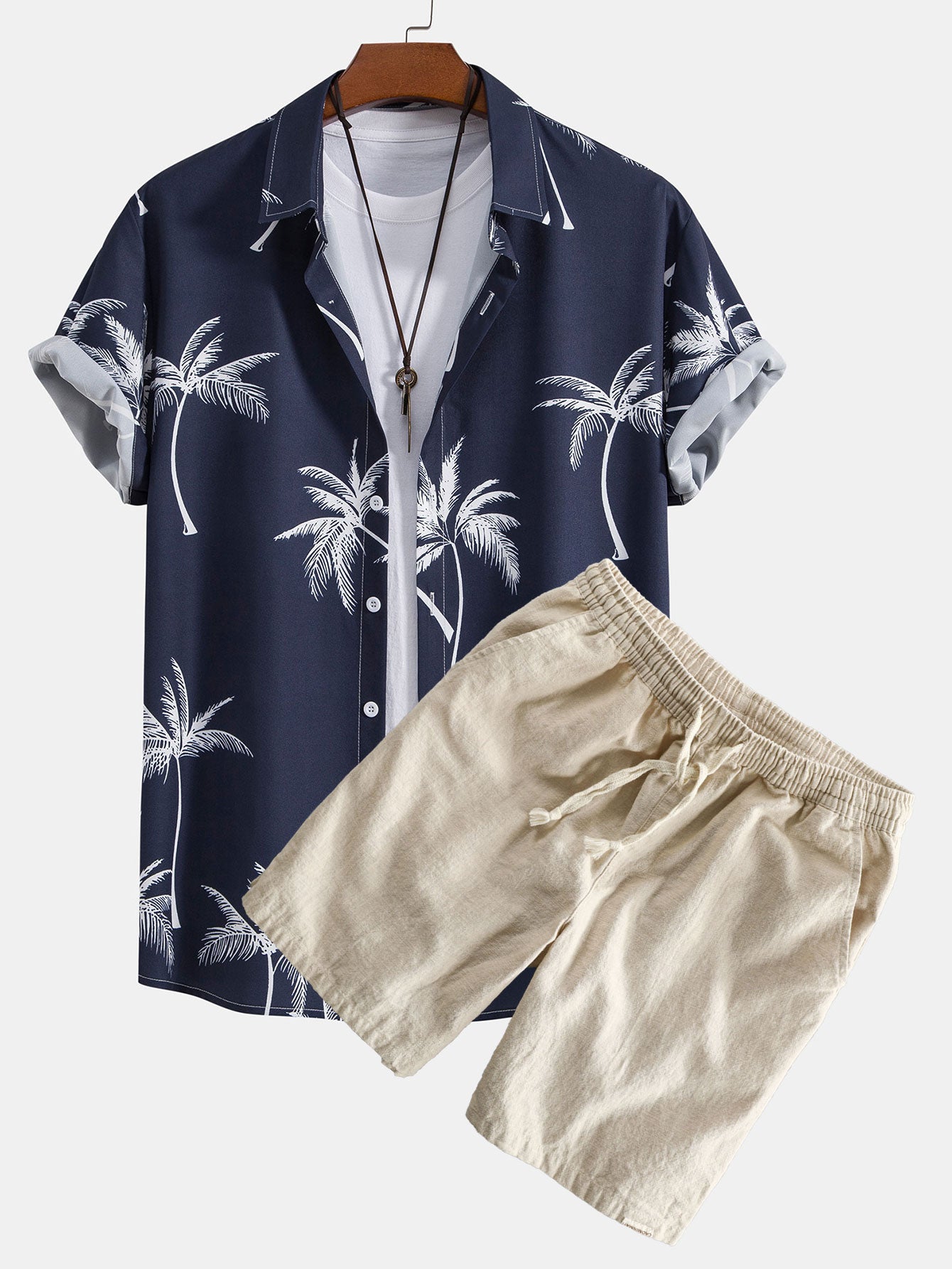 Palm Tree Print Button Up Shirt & Linen Cotton Blend Drawstring Shorts