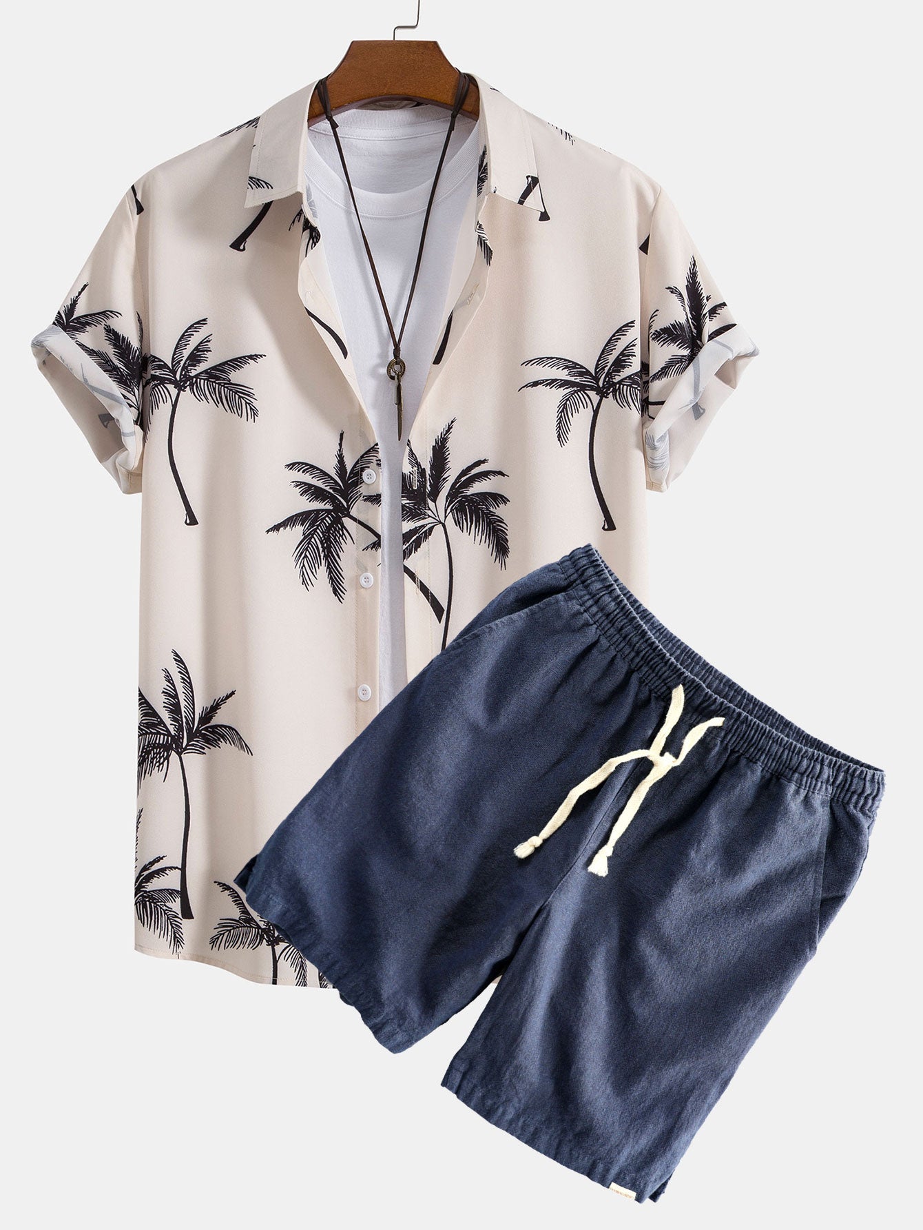 Palm Tree Print Button Up Shirt & Linen Cotton Blend Drawstring Shorts