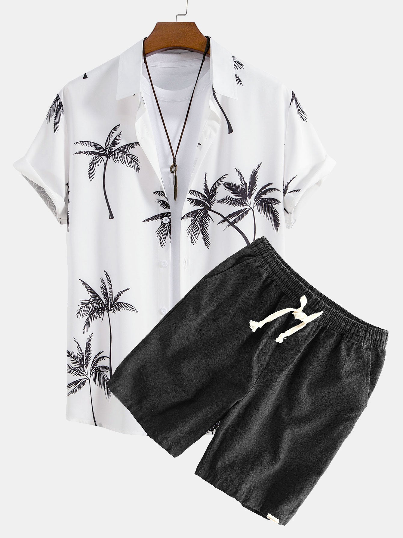 Palm Tree Print Button Up Shirt & Linen Cotton Blend Drawstring Shorts