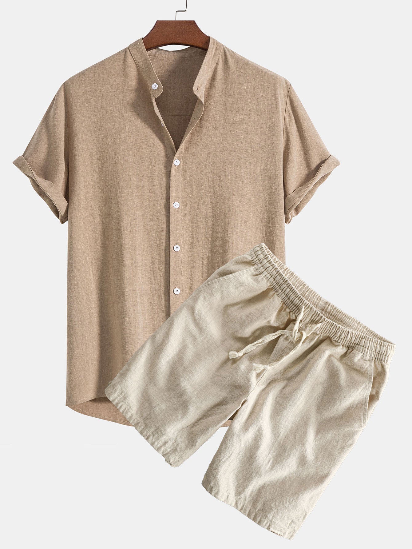 Linen And Rayon Blend Stand Collar Shirt & Linen Cotton Blend Drawstring Shorts