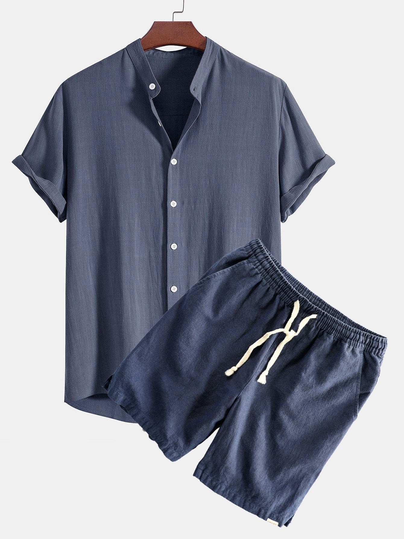 Linen And Rayon Blend Stand Collar Shirt & Linen Cotton Blend Drawstring Shorts