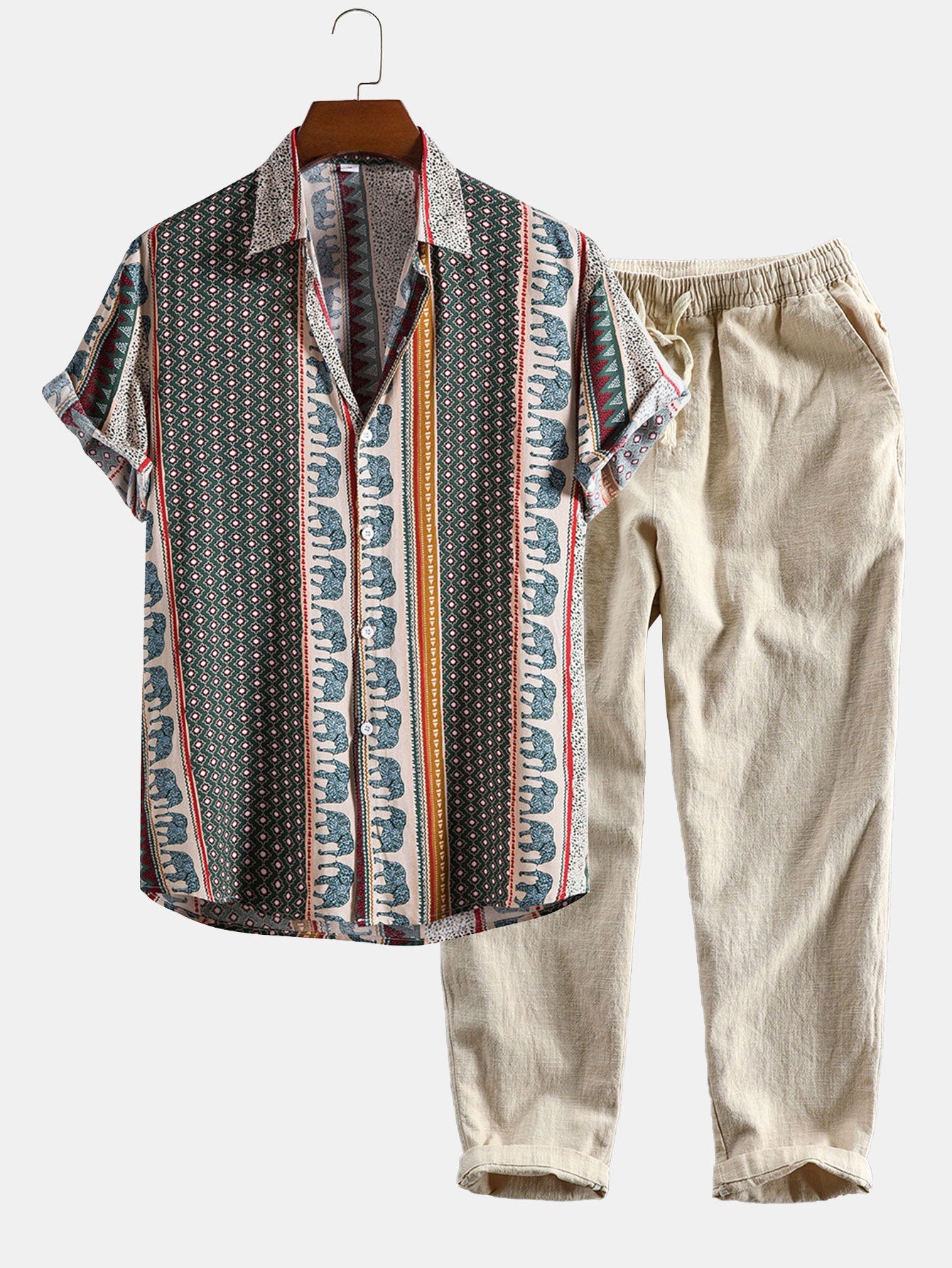 Elephant Geometric Print Shirt & Linen Cotton Blend Cropped Pants