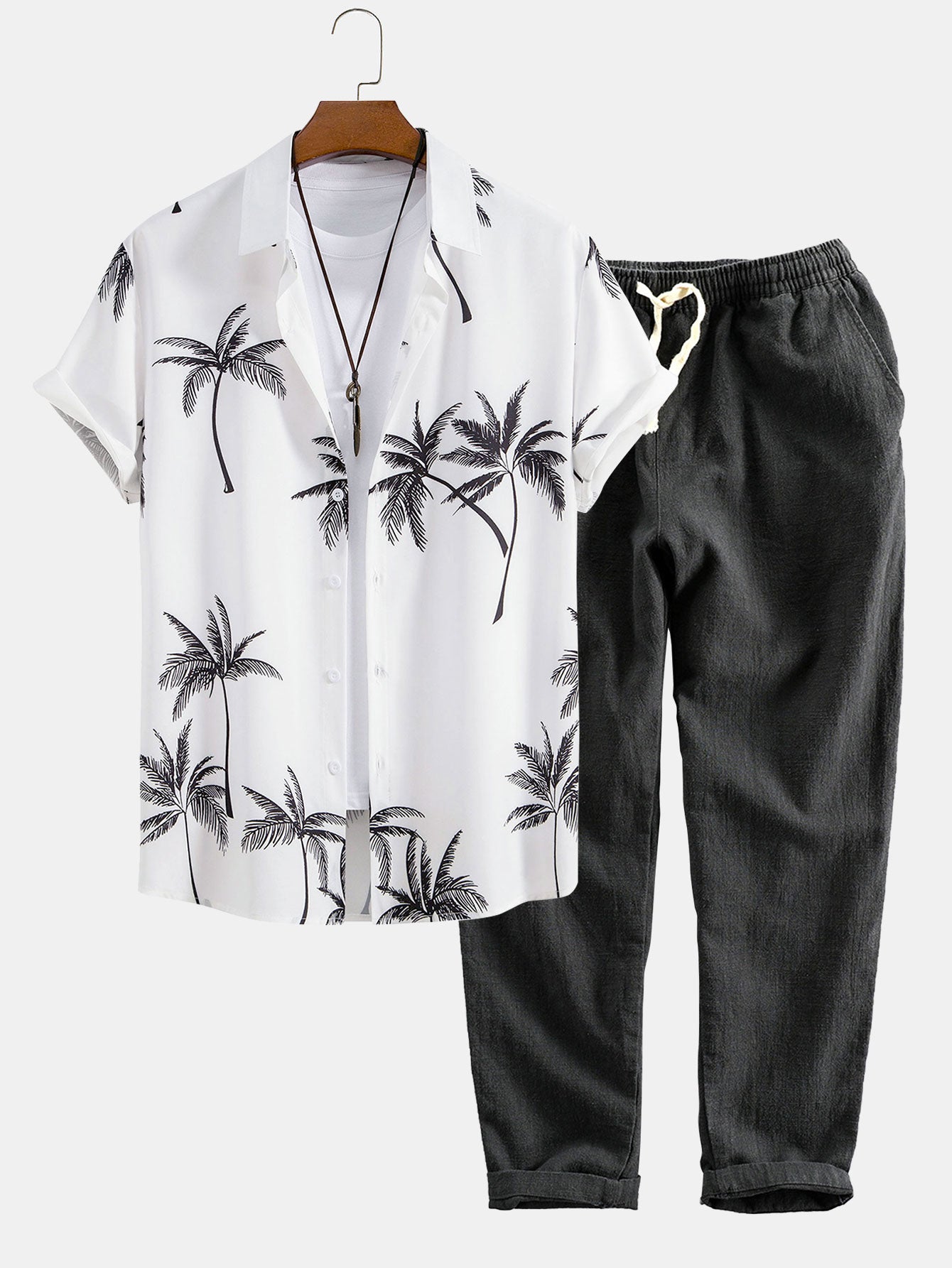 Palm Tree Print Button Up Shirt & Linen Cotton Blend Cropped Pants