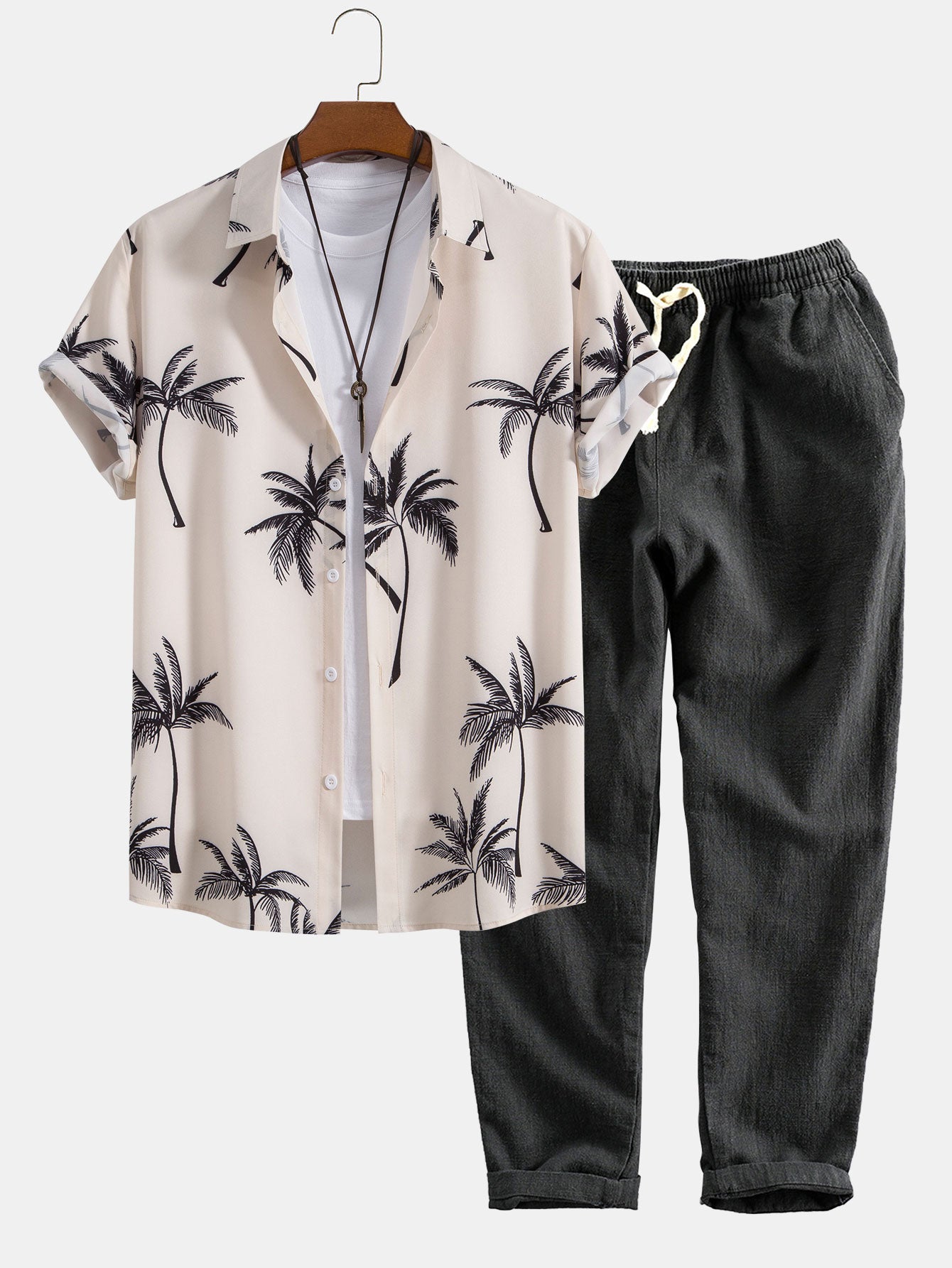 Palm Tree Print Button Up Shirt & Linen Cotton Blend Cropped Pants