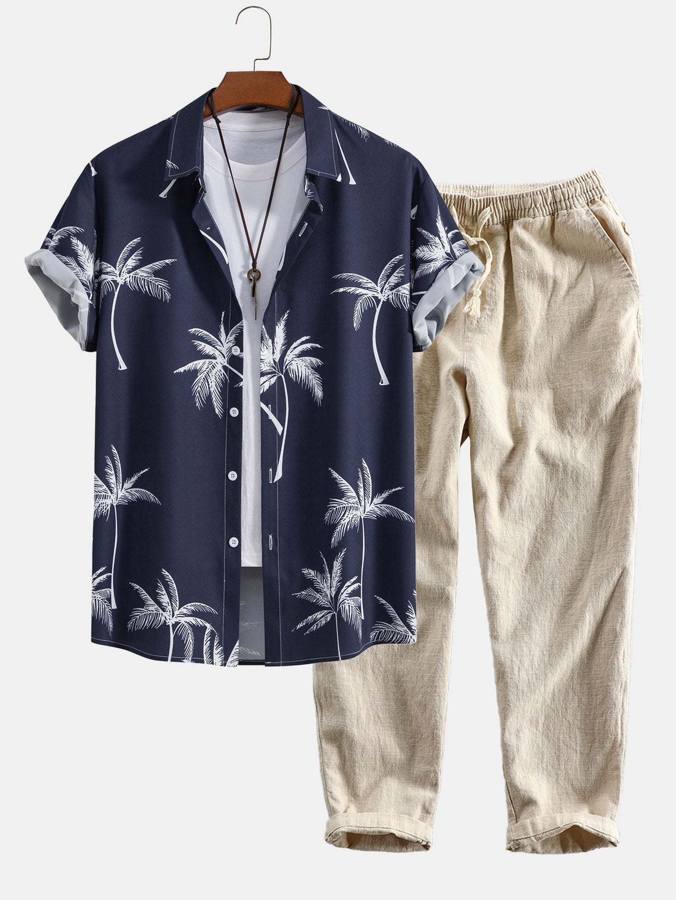 Palm Tree Print Button Up Shirt & Linen Cotton Blend Cropped Pants