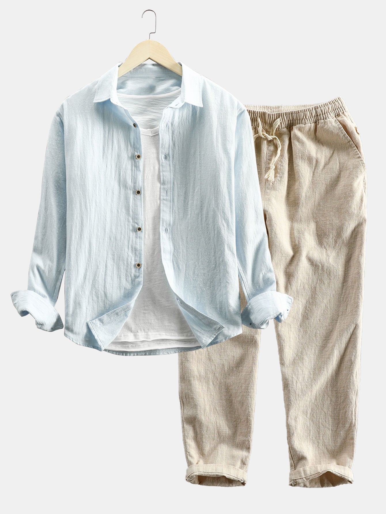 Long Sleeve Linen and Cotton Blend Button Up Shirt & Linen Cotton Blend Cropped Pants