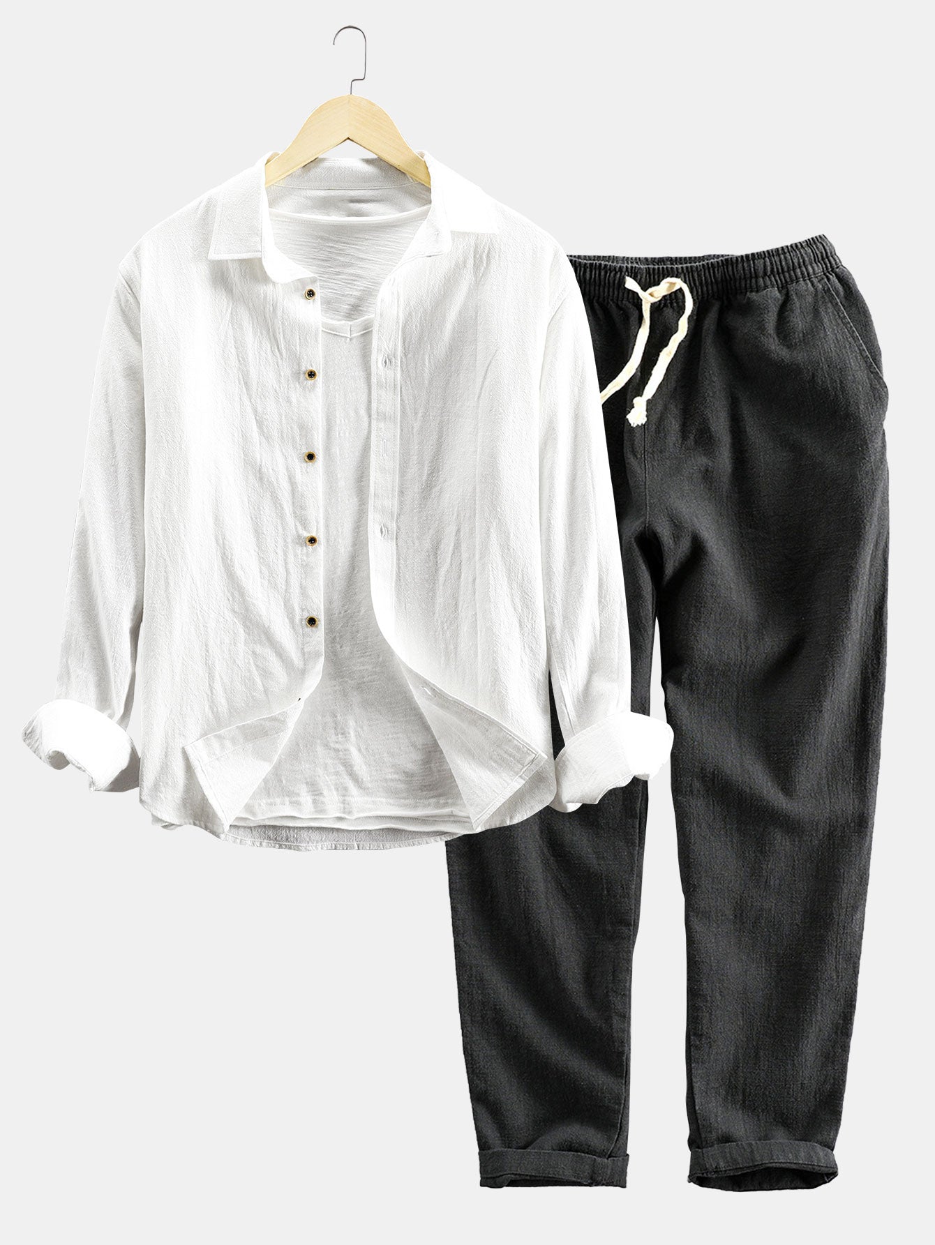 Long Sleeve Linen and Cotton Blend Button Up Shirt & Linen Cotton Blend Cropped Pants