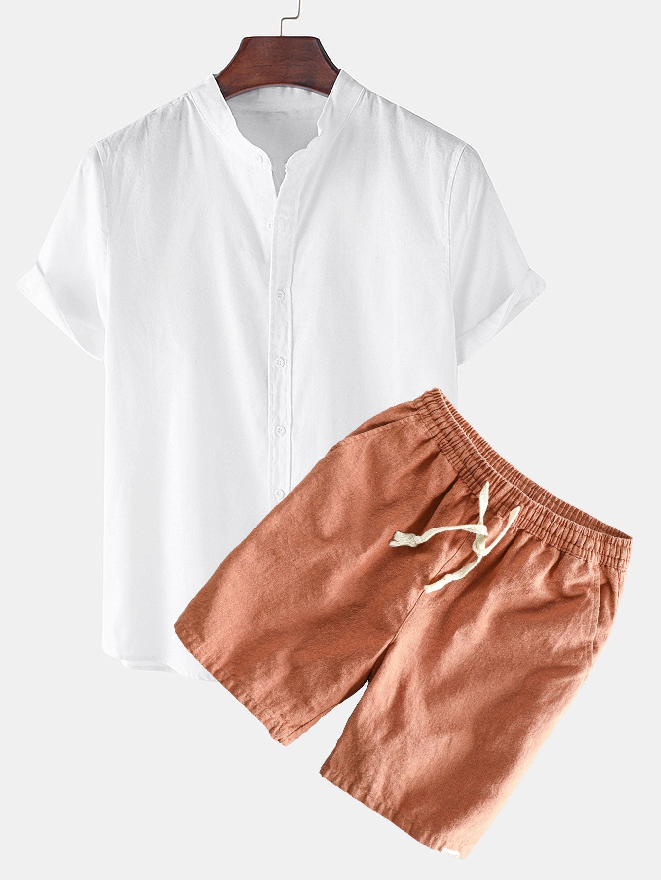 Linen Look Short Sleeve Stand Collar Shirt & Linen Cotton Blend Drawstring Shorts