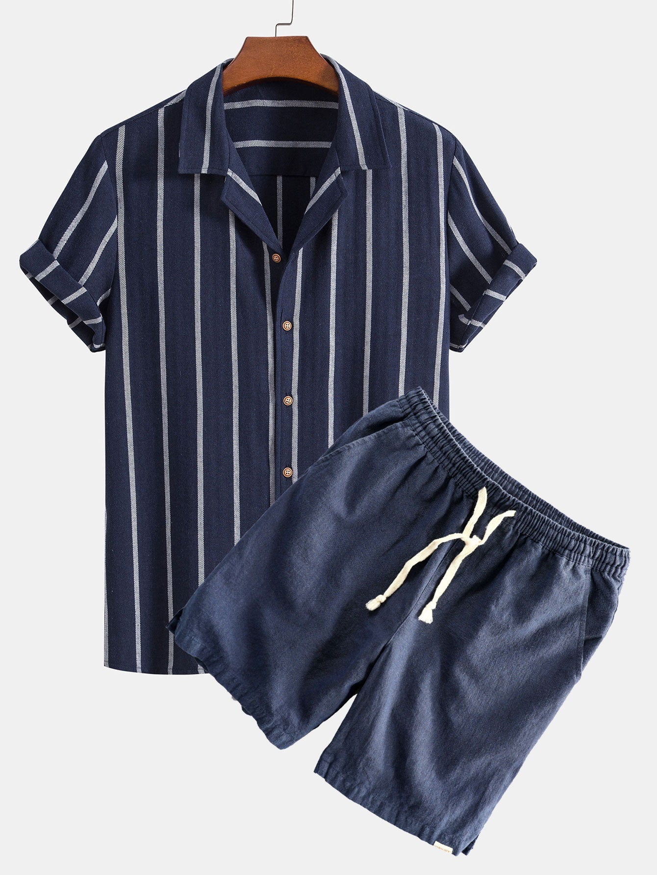 Cotton Blend Striped Cuban Shirt & Linen Cotton Blend Drawstring Shorts