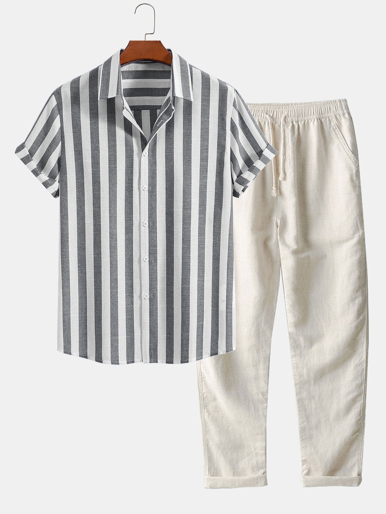 Striped Cotton Blend Button Up Shirt & Straight Leg Linen Pants