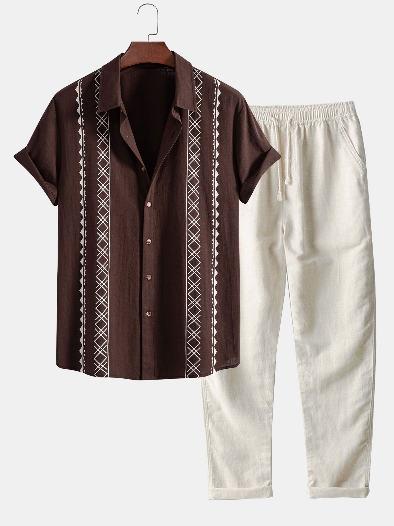 Geometric Print Linen Look Shirt & Straight Leg Linen Pants