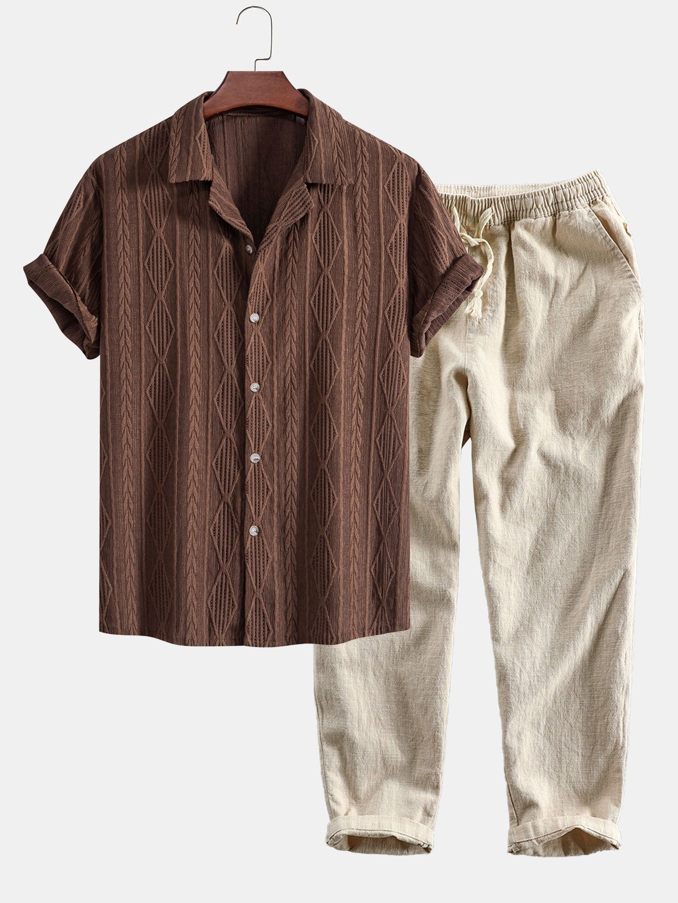 Geometric Jacquard Cuban Shirt & Linen Cotton Blend Cropped Pants