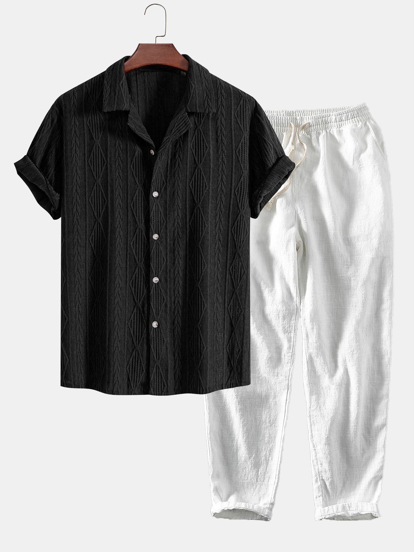 Geometric Jacquard Cuban Shirt & Linen Cotton Blend Cropped Pants