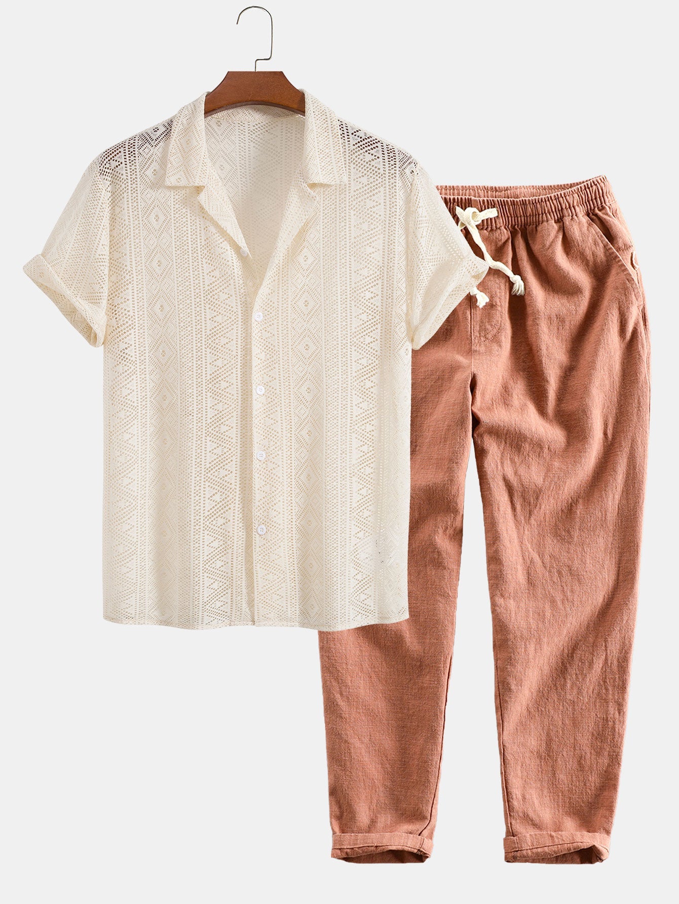 Short Sleeve Geometry Textured Cuban Shirt & Linen Cotton Blend Cropped Pants