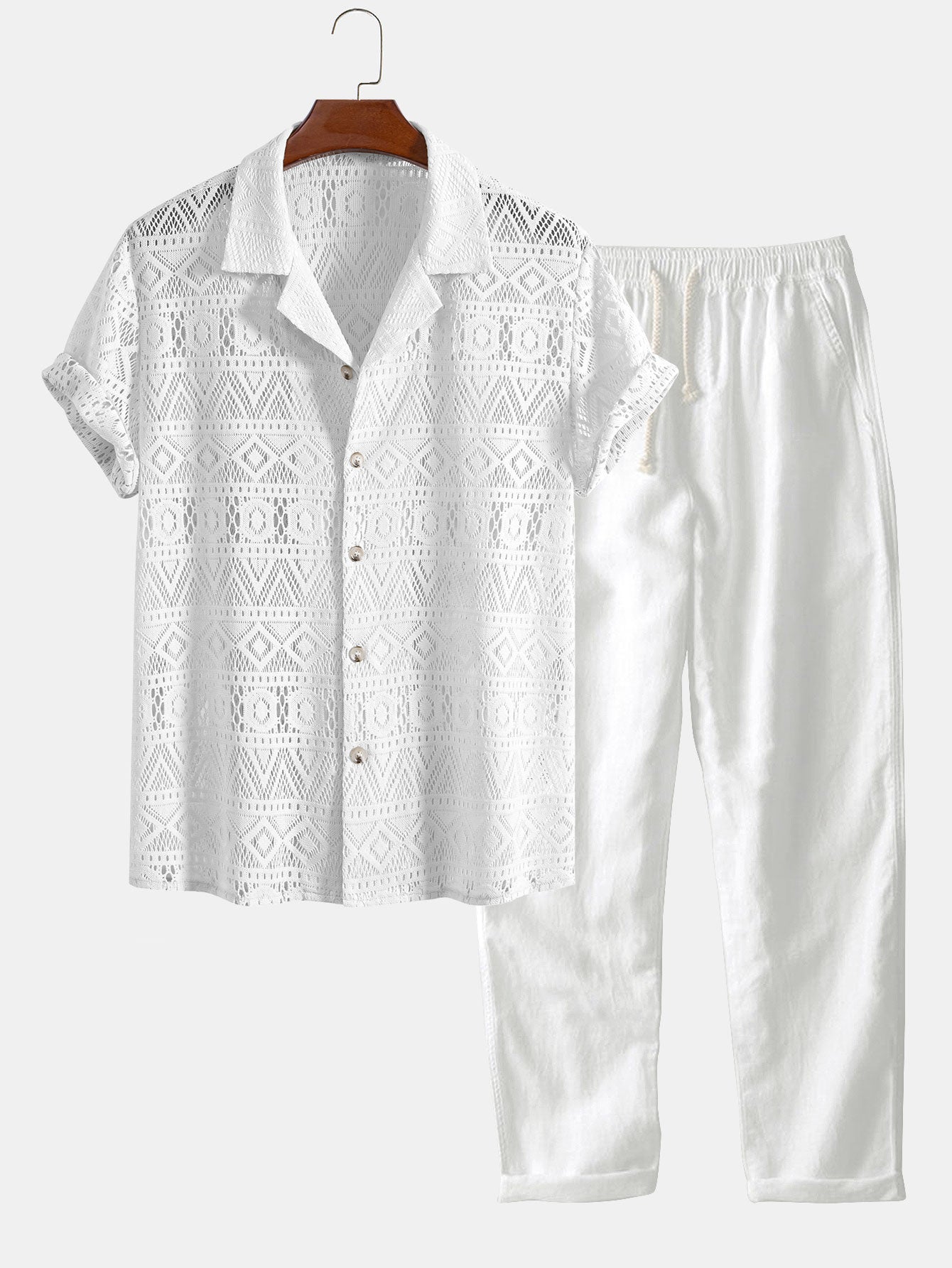 Short Sleeve Geometry Textured Cuban Shirt & Straight Leg Linen Pants