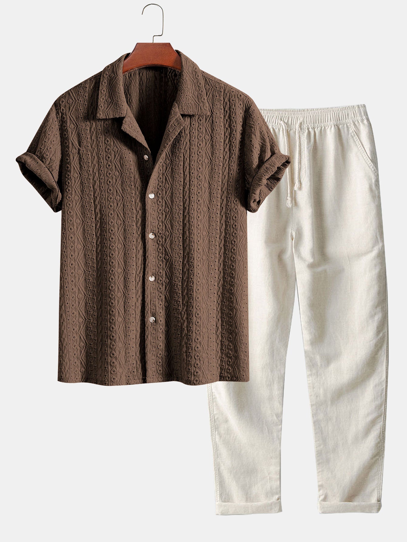 Geometric Jacquard Textured Cuban Shirt & Straight Leg Linen Pants