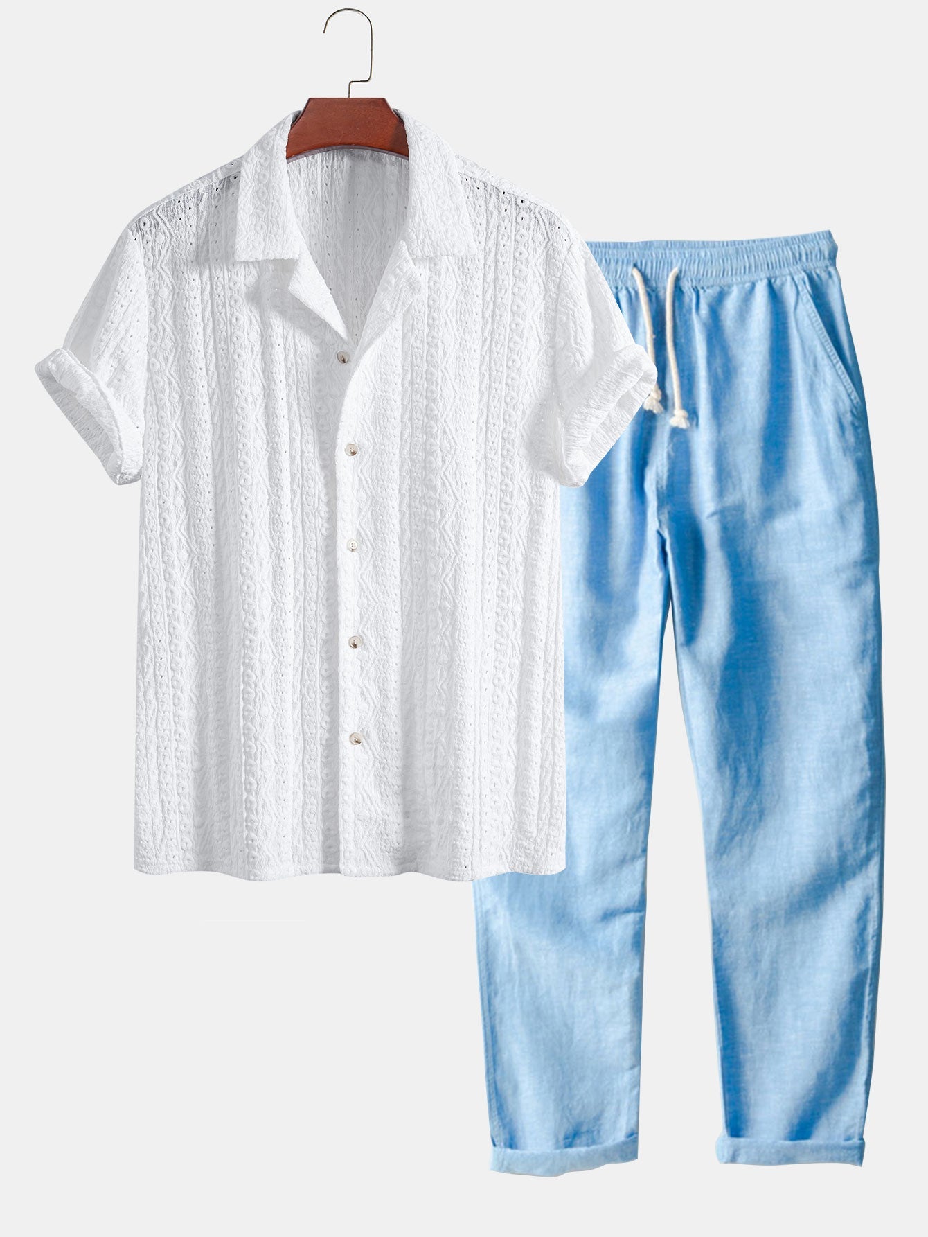 Geometric Jacquard Textured Cuban Shirt & Straight Leg Linen Pants