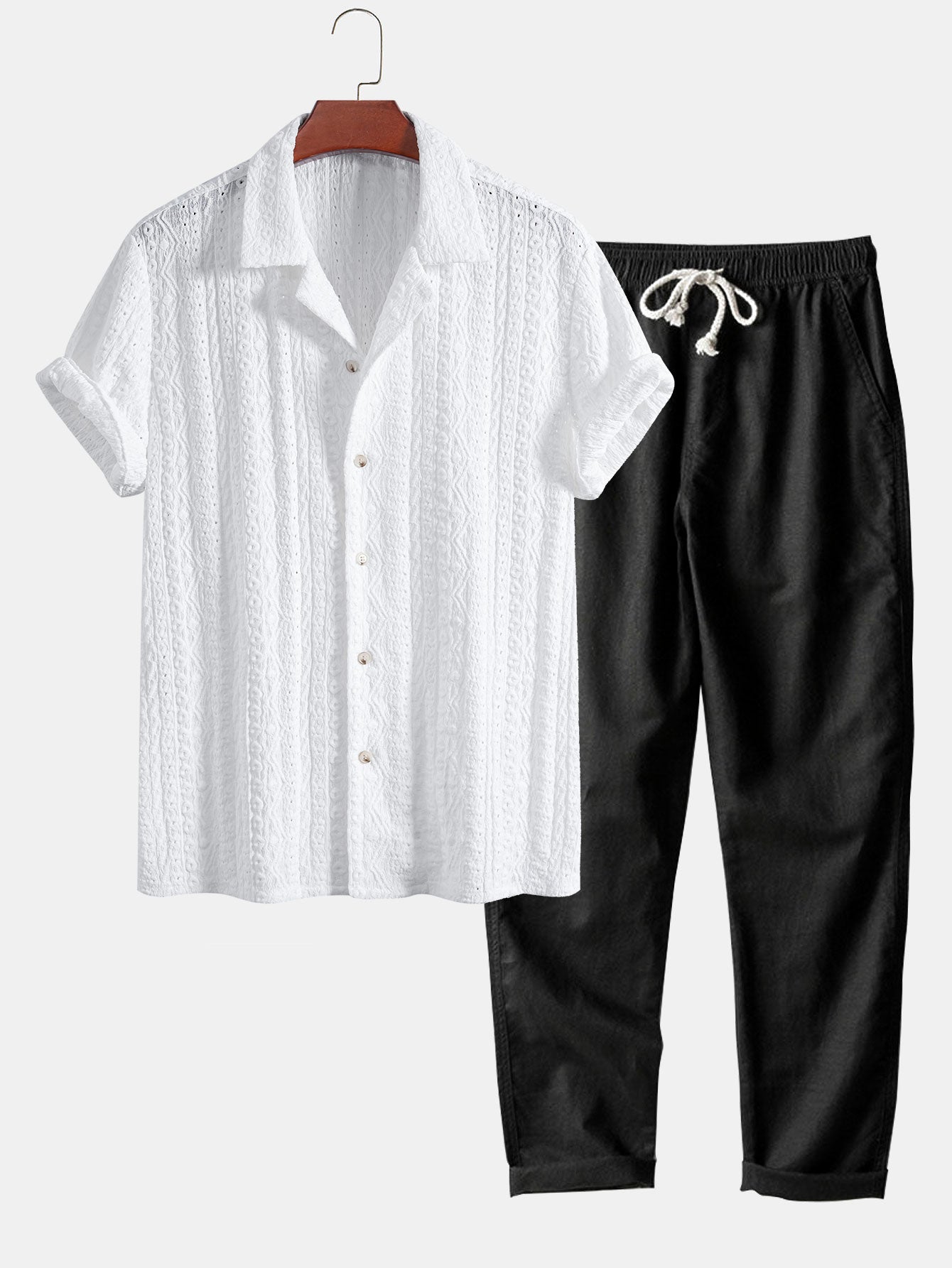 Geometric Jacquard Textured Cuban Shirt & Straight Leg Linen Pants