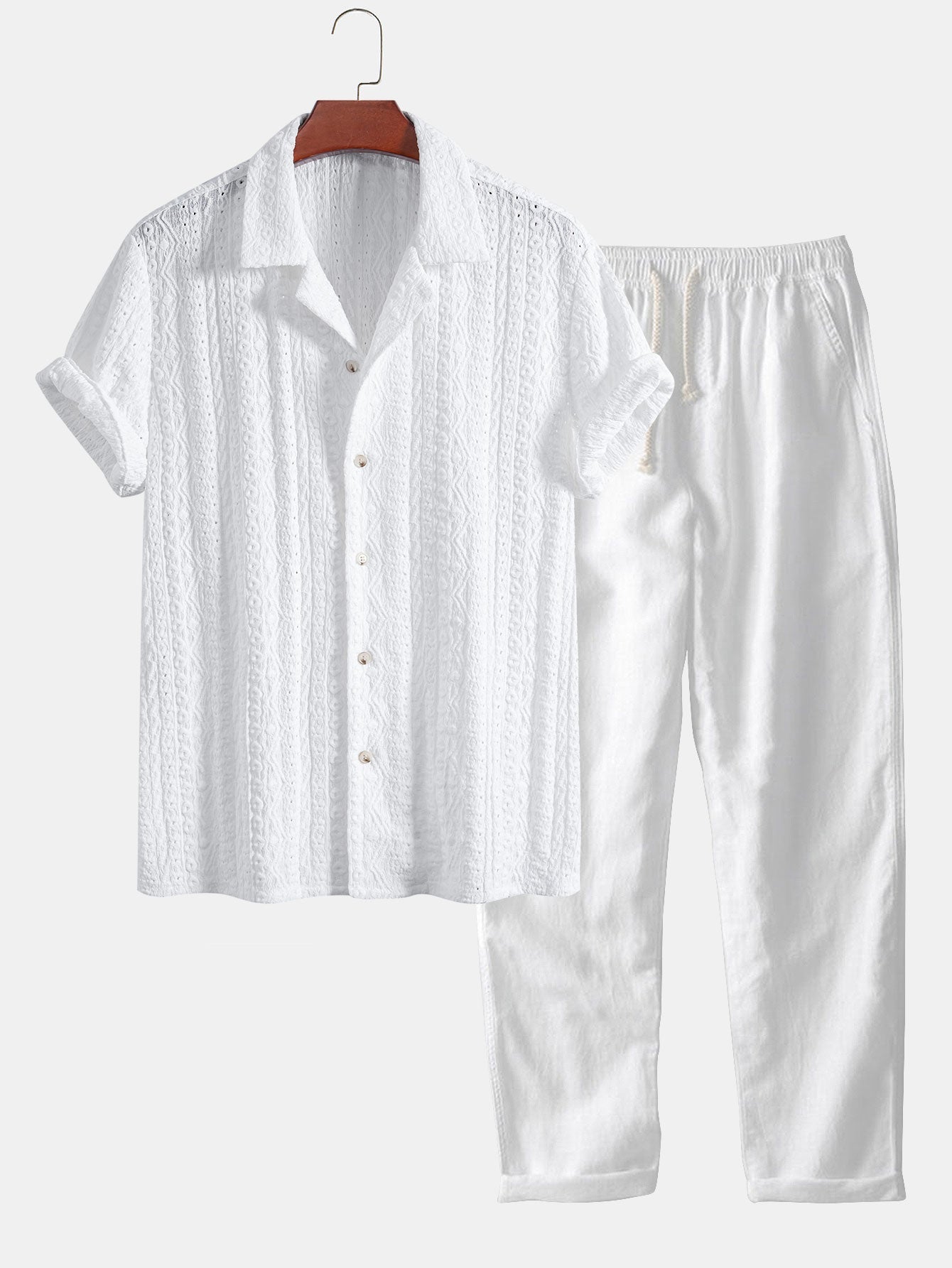 Geometric Jacquard Textured Cuban Shirt & Straight Leg Linen Pants