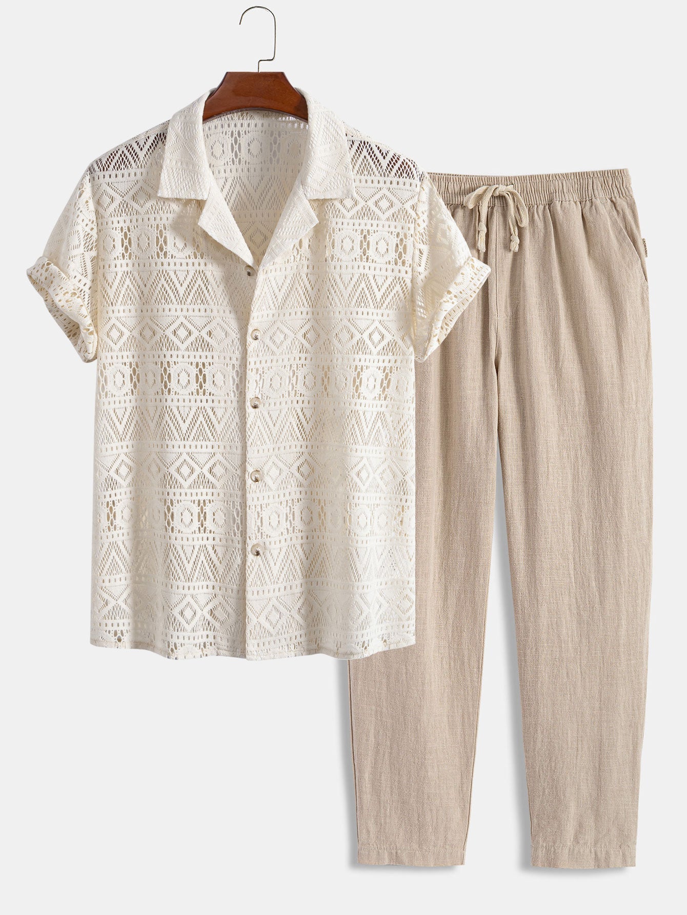 Short Sleeve Geometry Textured Cuban Shirt & Linen Cotton Blend Cropped Pants