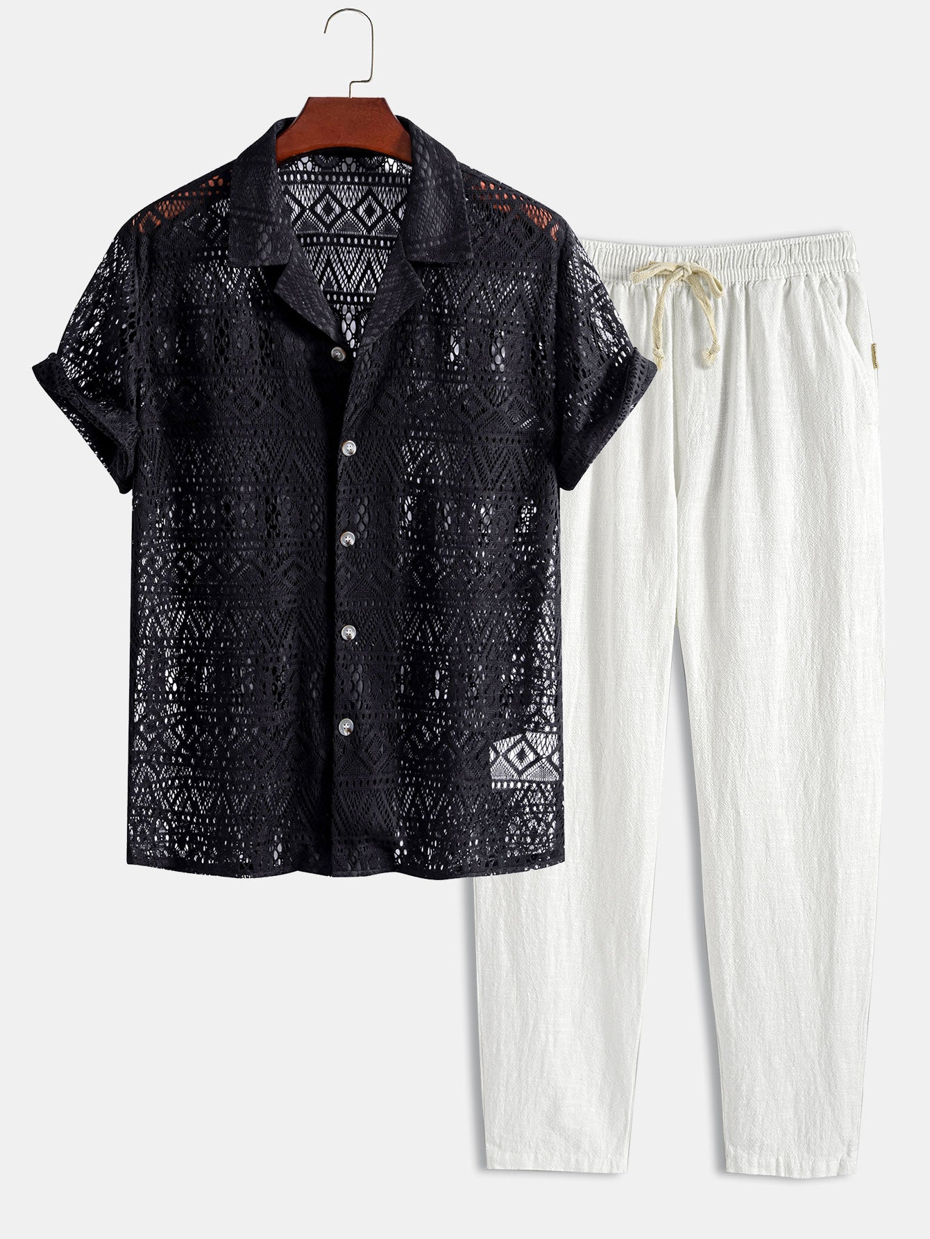 Short Sleeve Geometry Textured Cuban Shirt & Linen Cotton Blend Cropped Pants