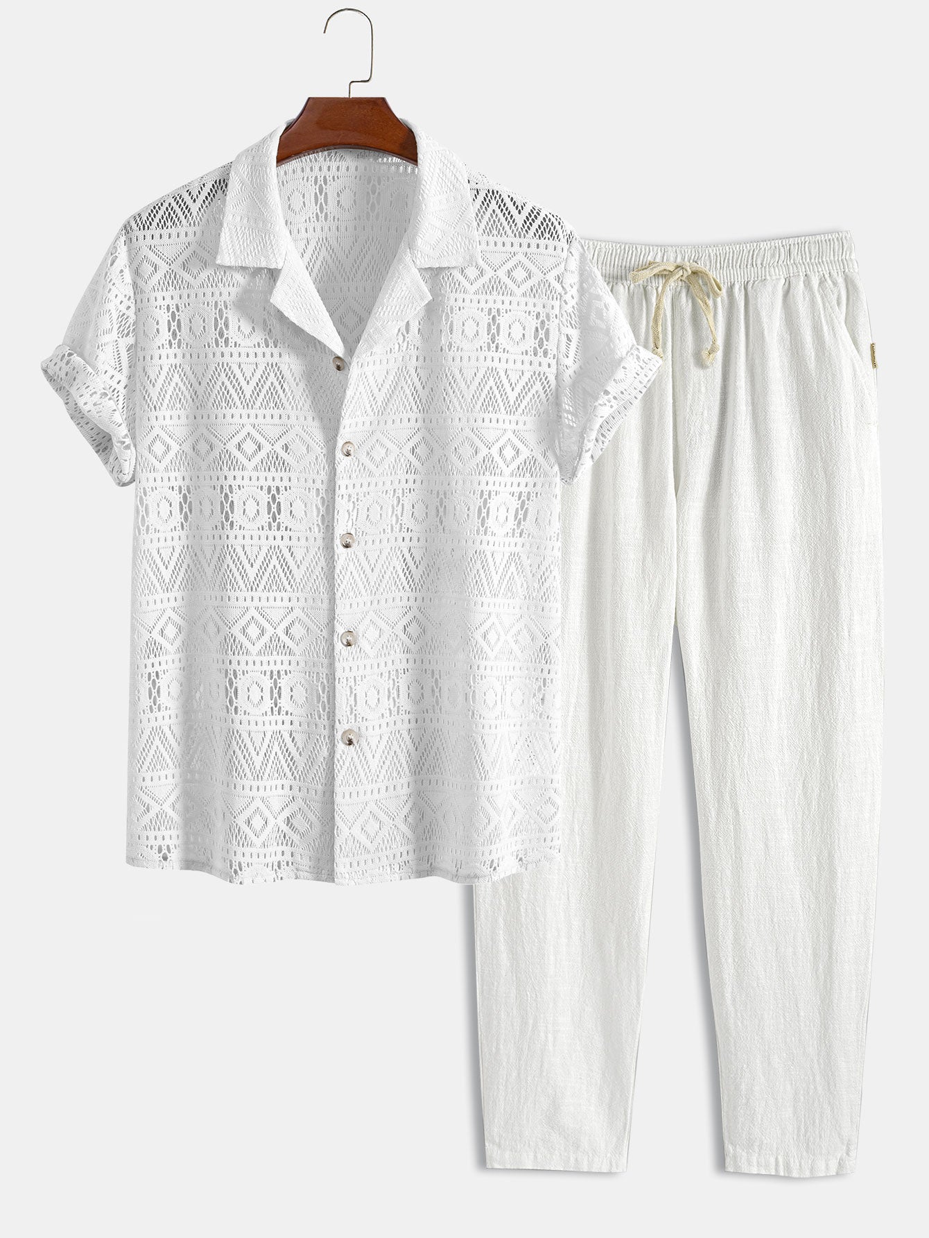 Short Sleeve Geometry Textured Cuban Shirt & Linen Cotton Blend Cropped Pants