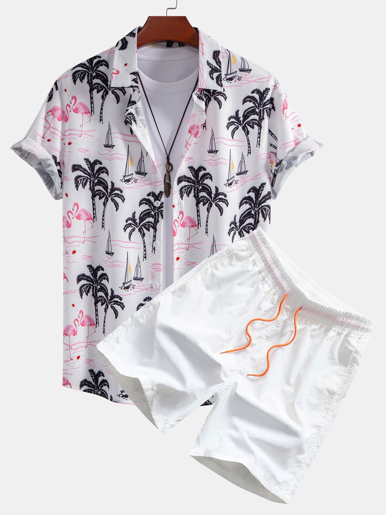 Palm Tree Flamingo Print Button Up Shirt & Swim Shorts