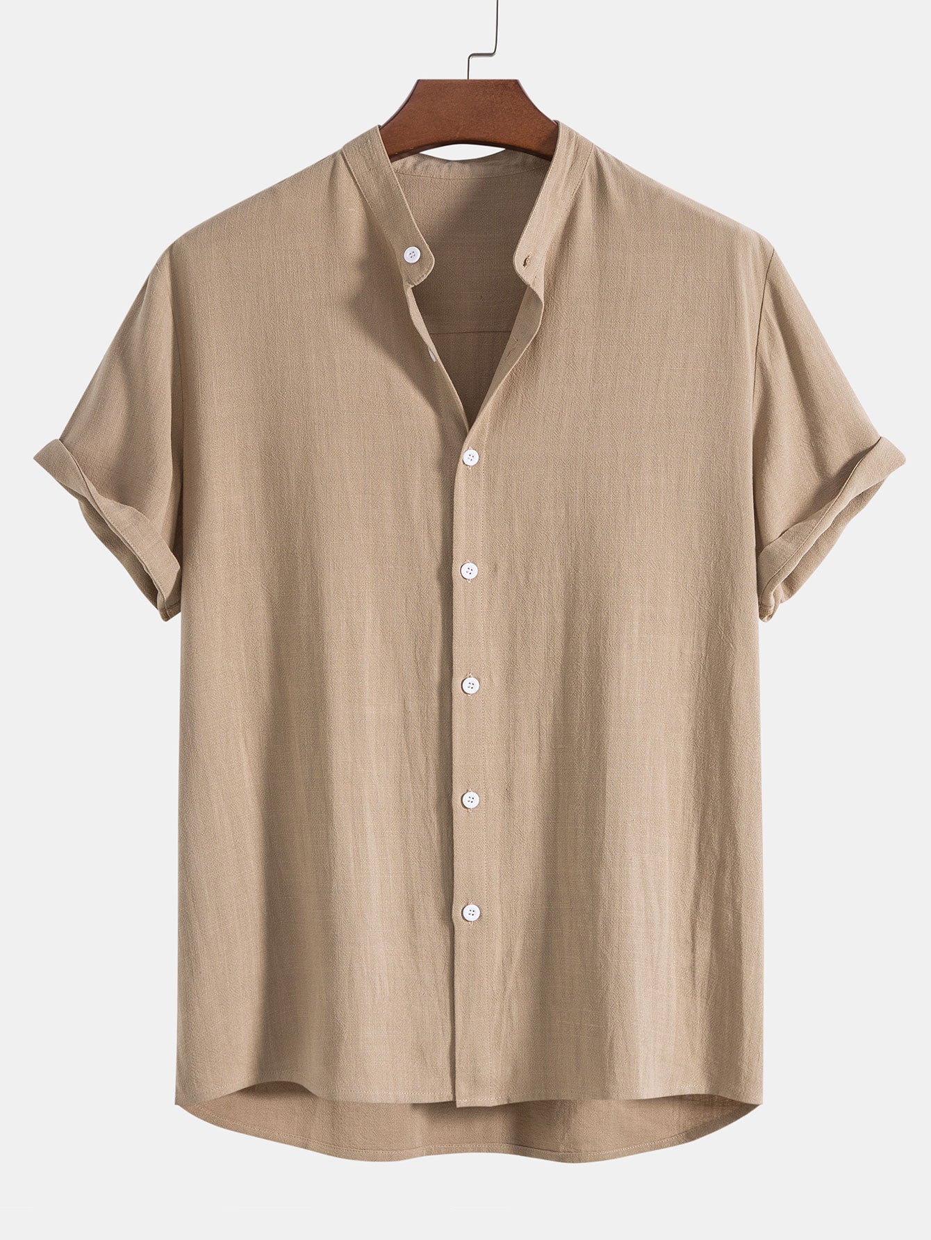 Linen And Rayon Blend Stand Collar Shirt & Linen Cotton Blend Drawstring Striped Shorts