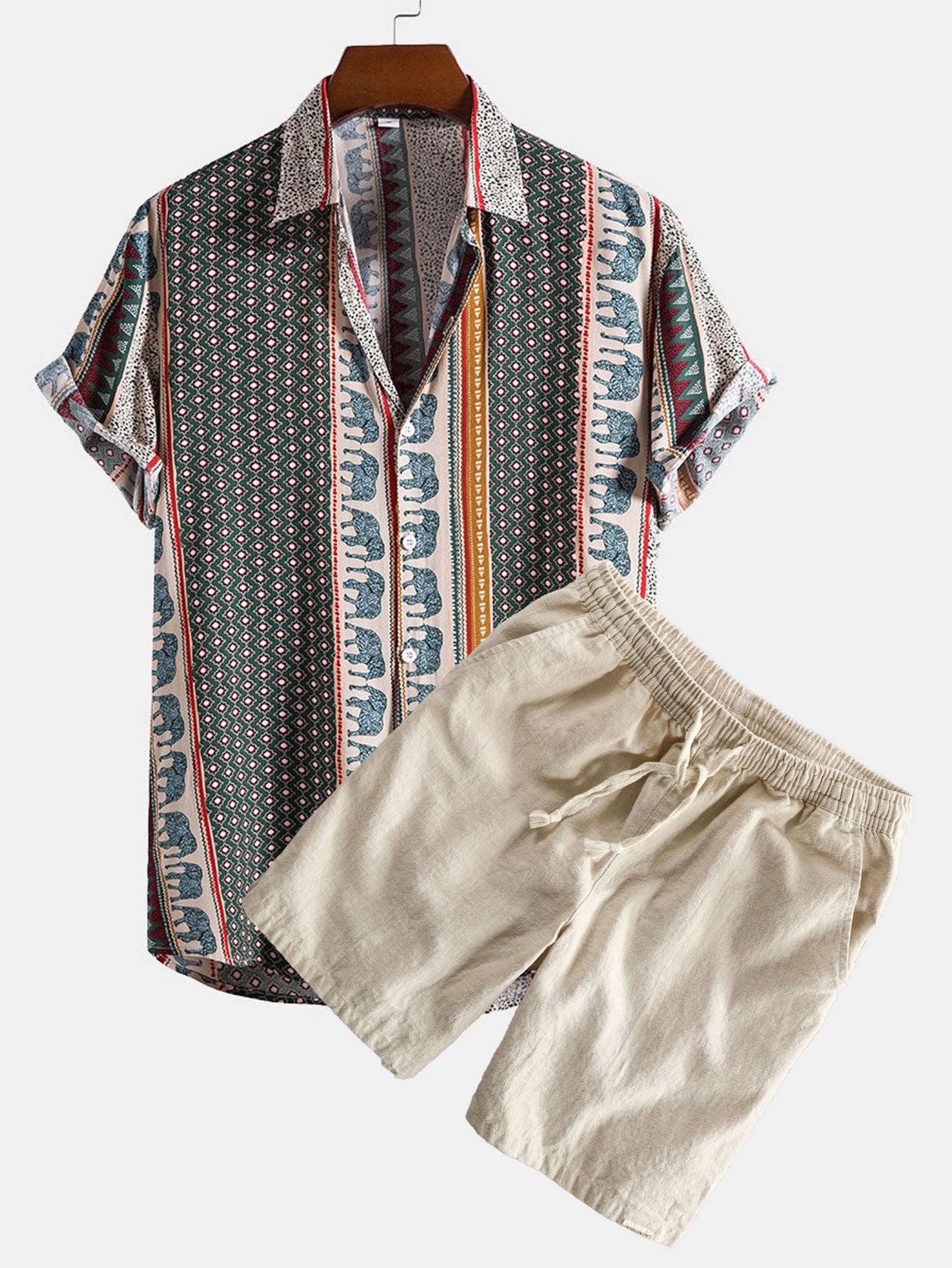 Elephant Geometric Print Shirt & Linen Cotton Blend Drawstring Shorts