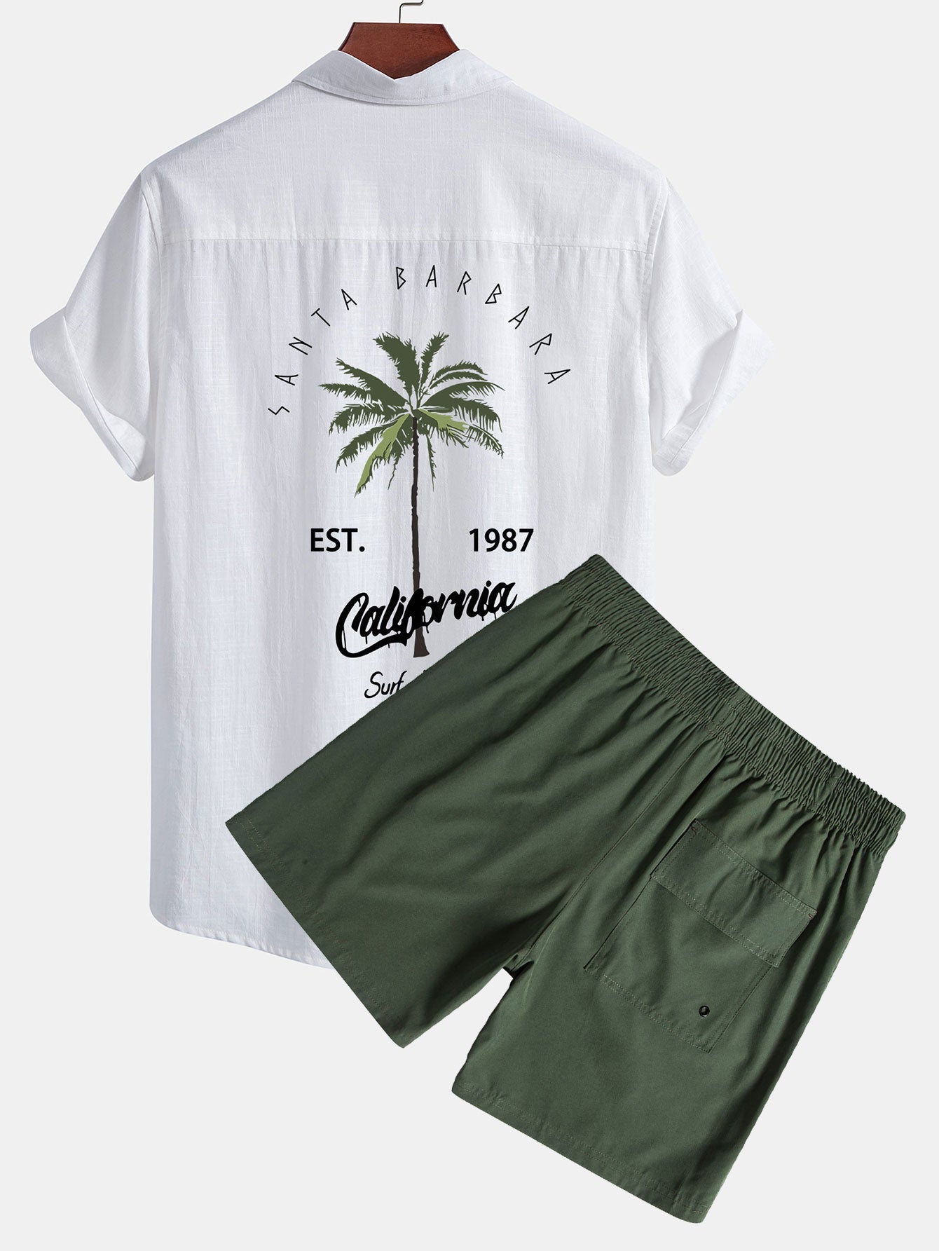 California Palm Tree Print Linen Look Cotton Button Up Shirt & Swim Shorts