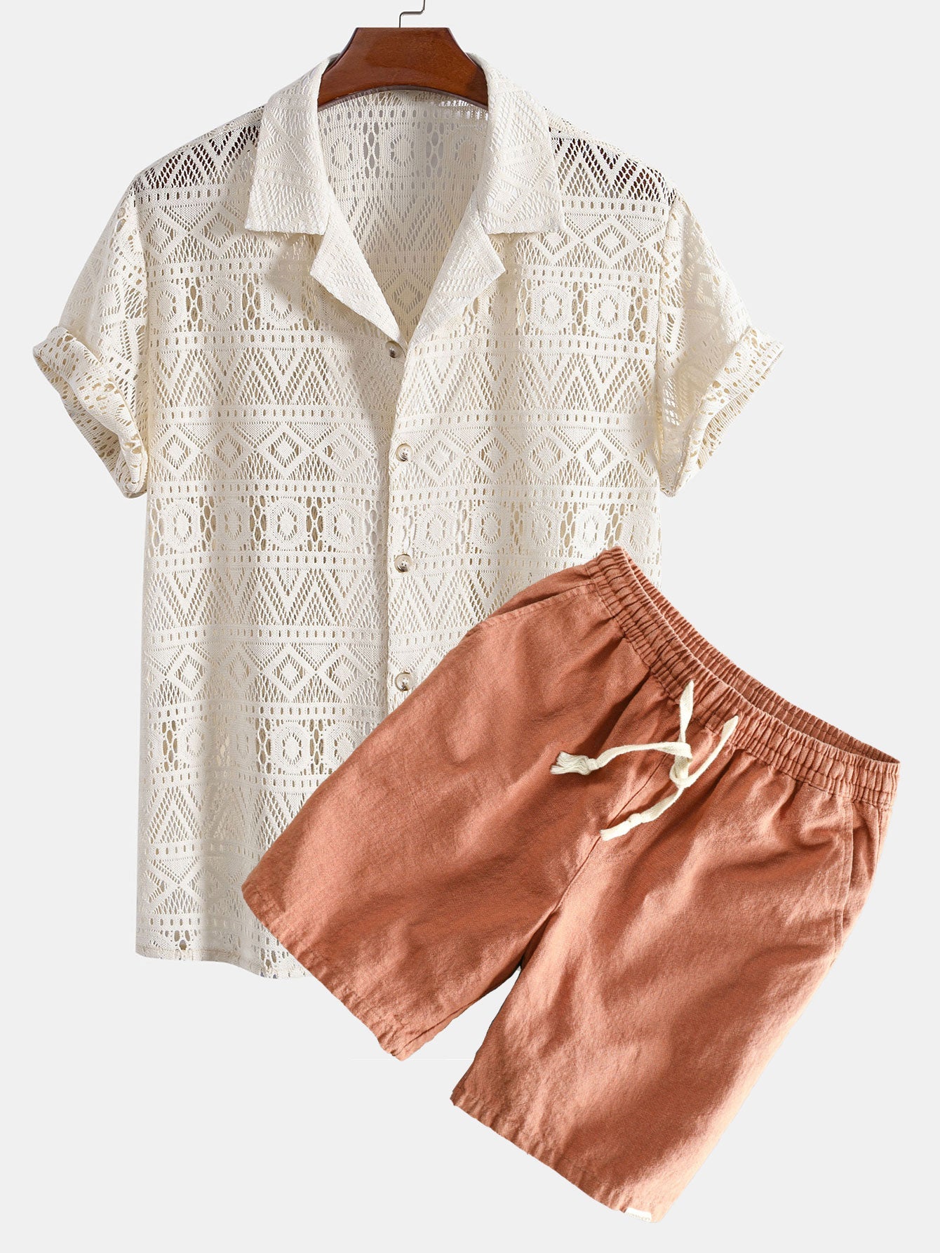 Short Sleeve Geometry Textured Cuban Shirt & Linen Cotton Blend Shorts