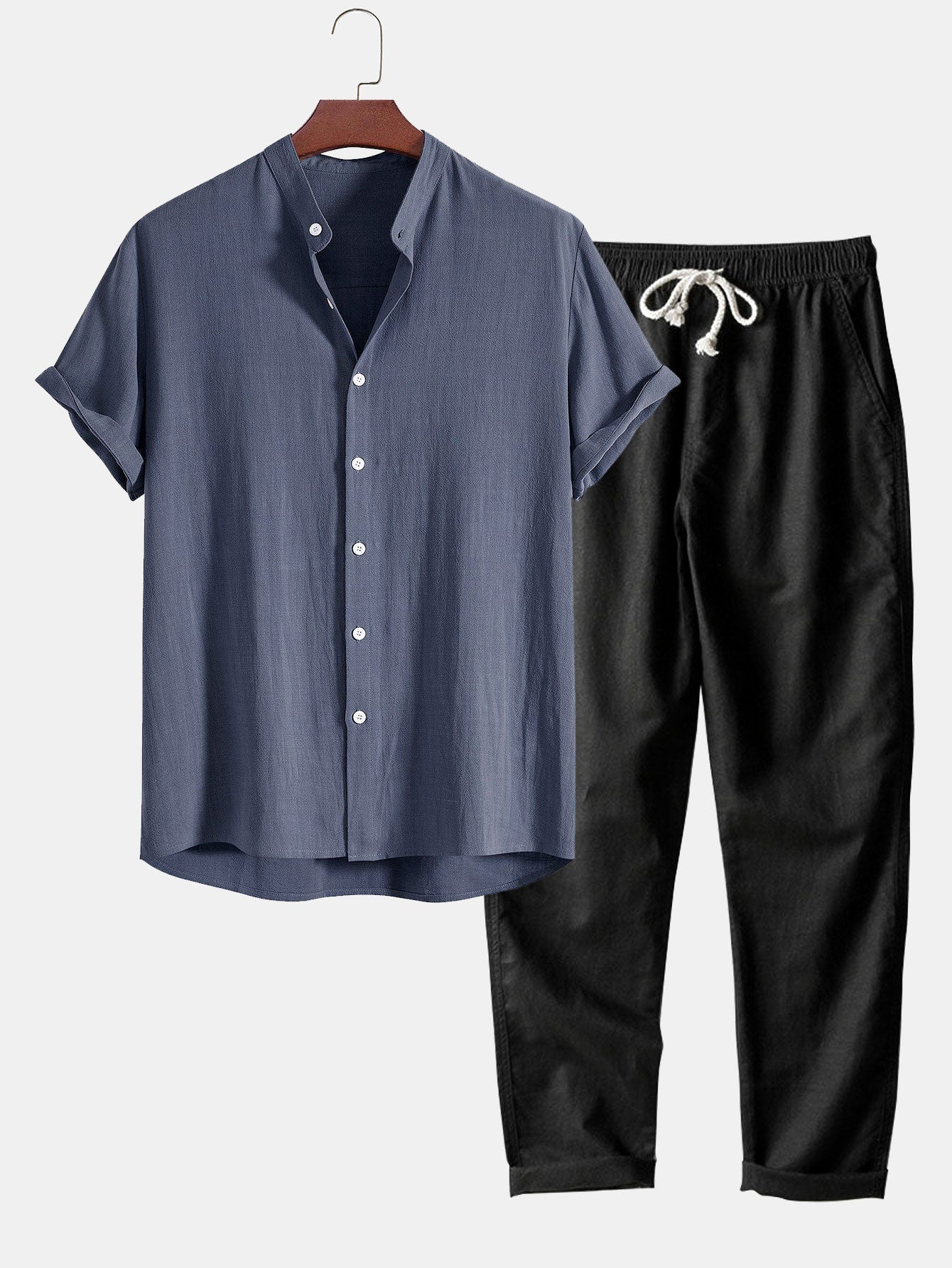 Linen And Rayon Blend Stand Collar Shirt & Straight Leg Linen Pants