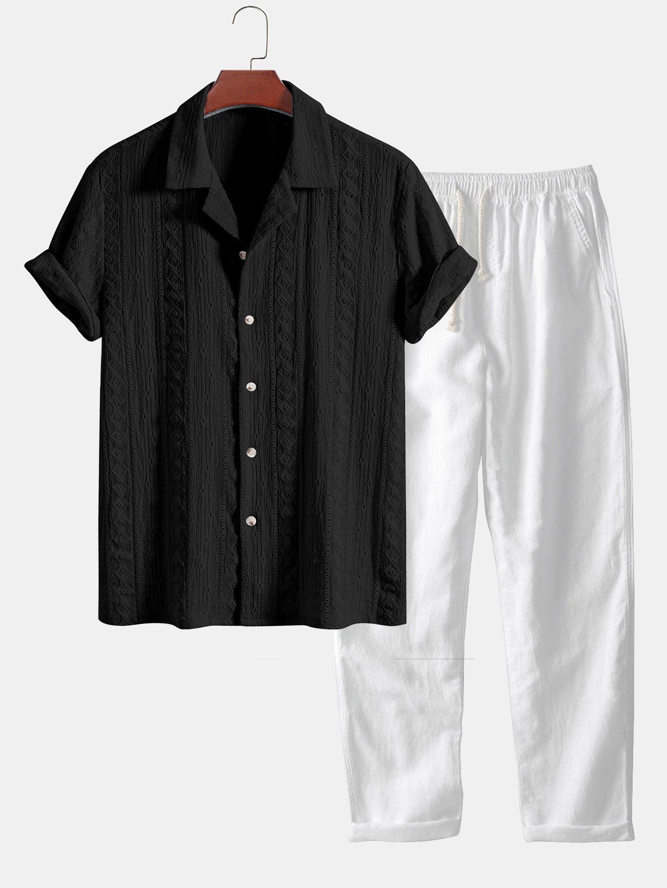 Geometric Jacquard Textured Cuban Shirt & Straight Leg Linen Pants