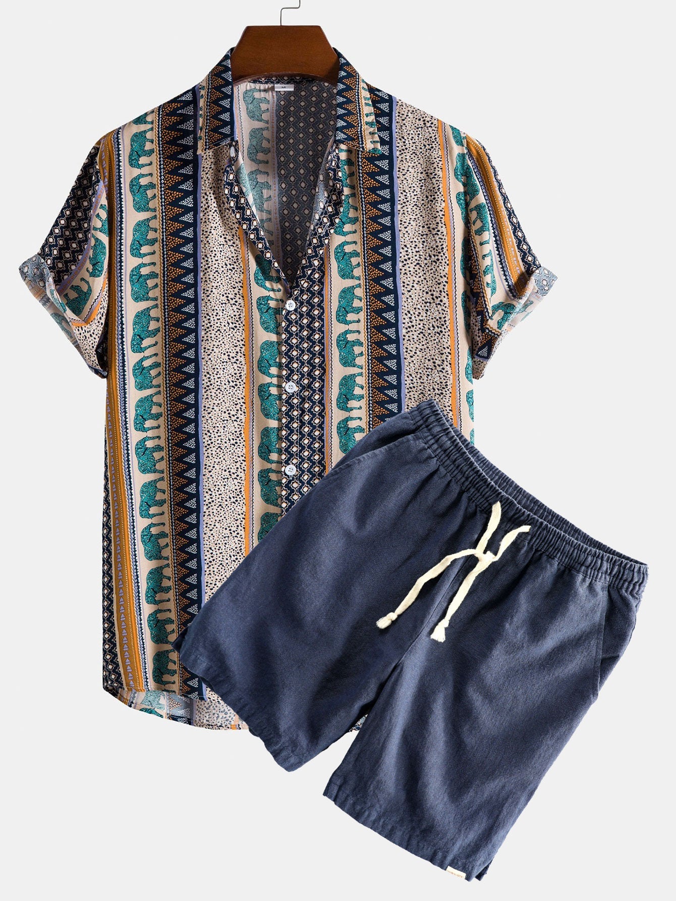 Elephant Geometric Print Shirt & Linen Cotton Blend Drawstring Shorts