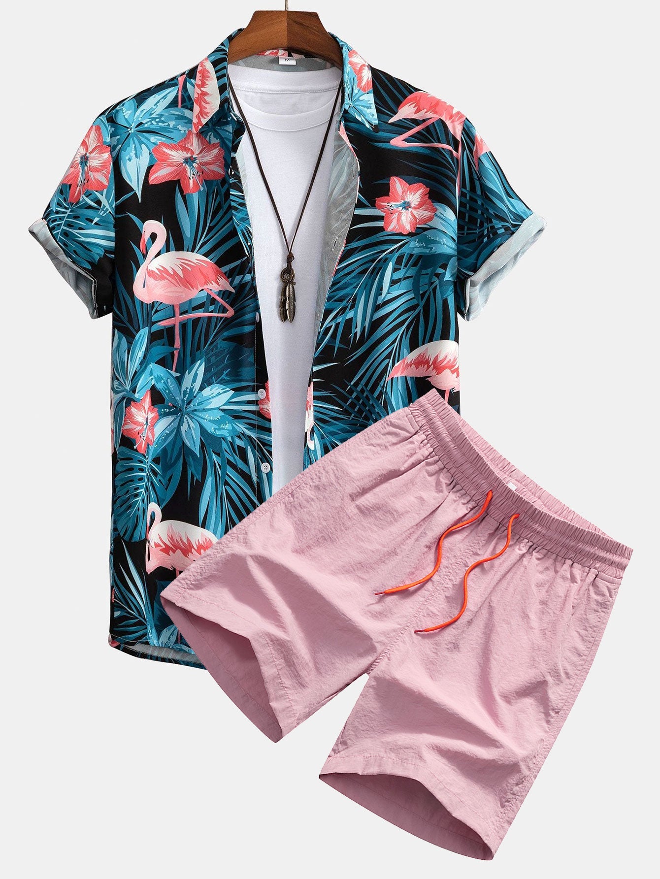 Flamingo Tropical Print Button Up Shirt & Swin Shorts