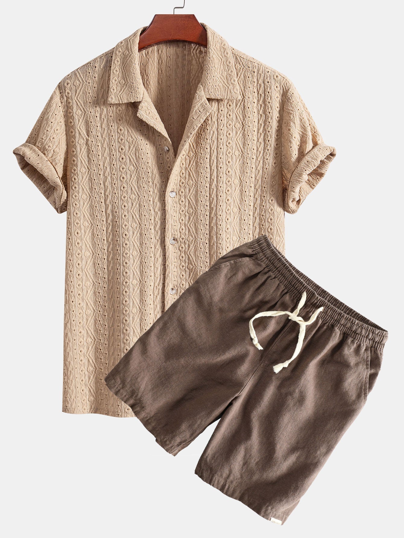 Geometric Jacquard Textured Cuban Shirt & Linen Cotton Blend Shorts